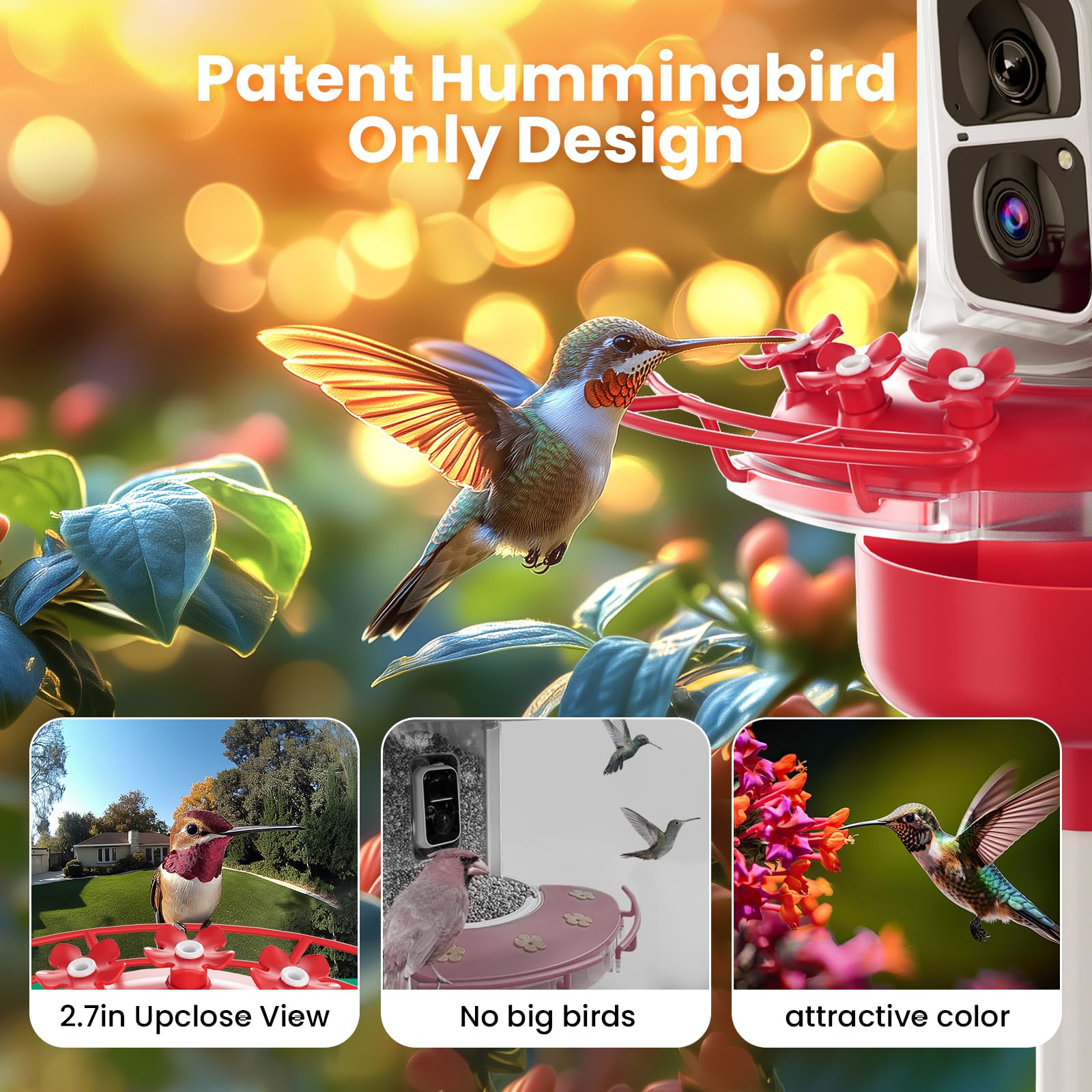 Soliom Humbirdy - Original 2K Hummingbird Feeder Camera with Leak-Proof Design, Ant Moat & AI Bird Identification | 3 Feeding Ports, 16oz Capacity | Perfect for Backyard Birdwatching, Nature Lovers & Family Gifts