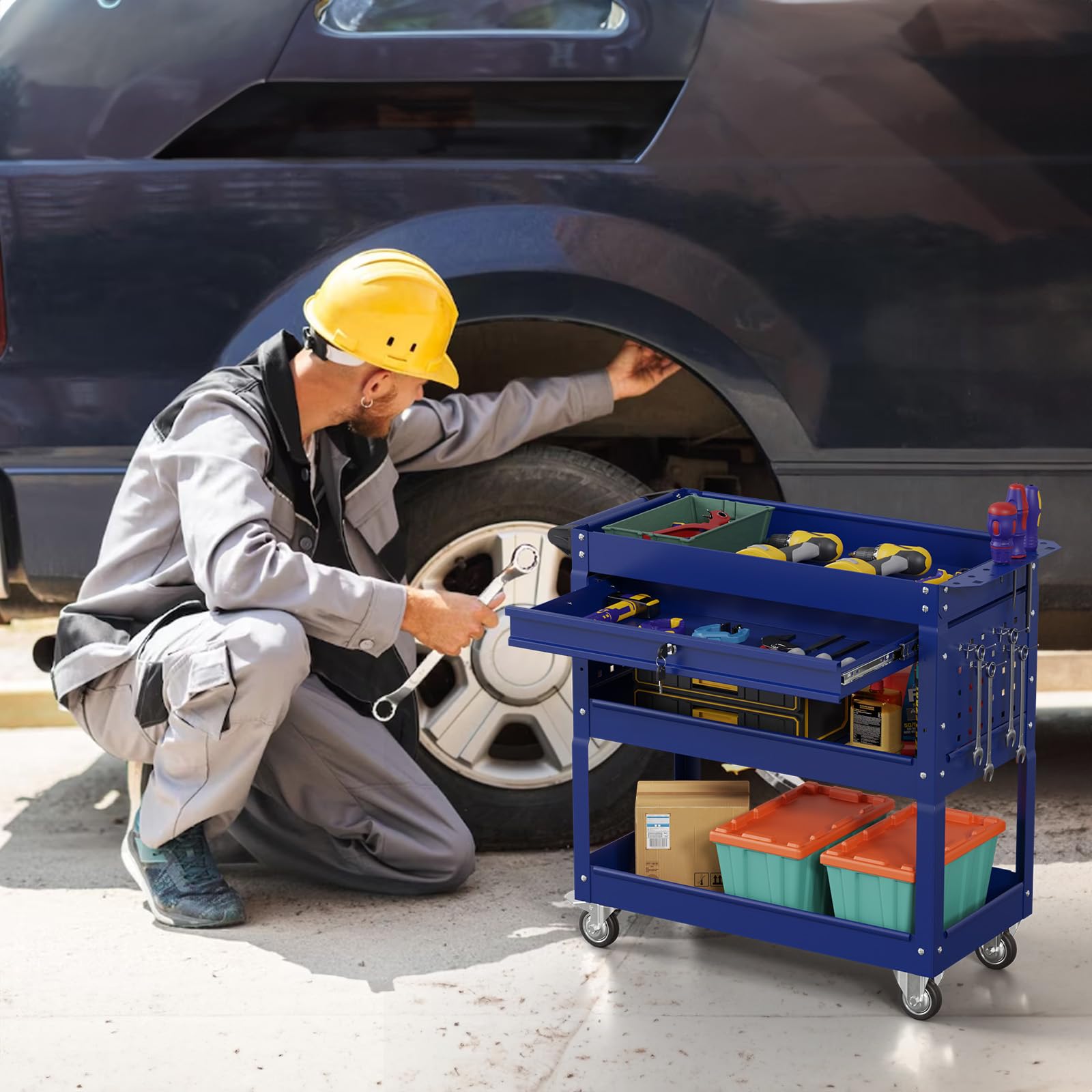 4-Wheel Rolling Tool Cart with Ball-Bearing Slides - Heavy Duty Tool Storage Chest for Garage, Workshop & Warehouse - Portable Tool Organizer for Mechanics & DIY Projects (Blue)