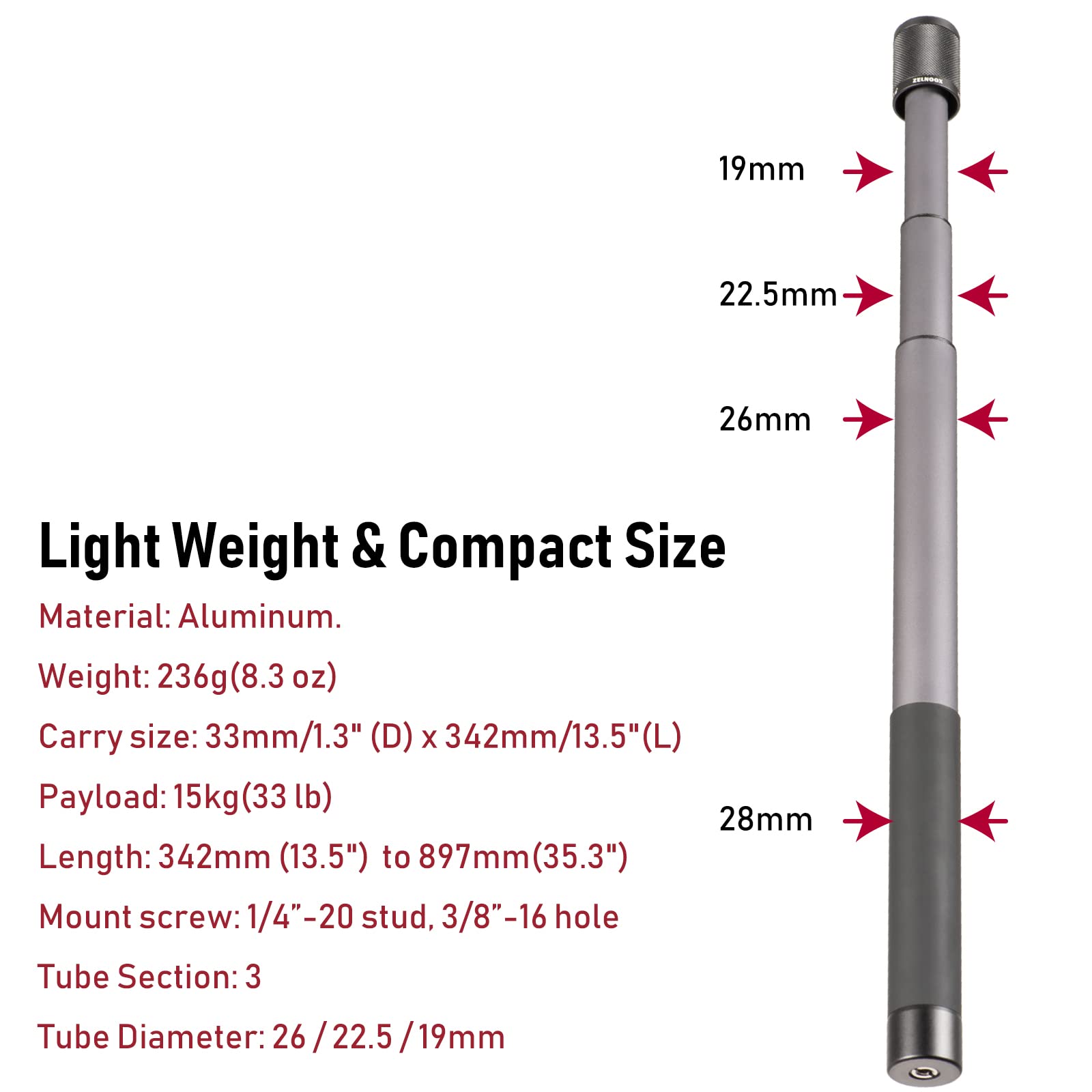 Lightweight & Strong 3-Section Gimbal Extension Pole - Universal Compatible with Digital Cameras, iPhones & Smartphones - Perfect for Vlogging, Travel & Action Shots (Grey & Black)