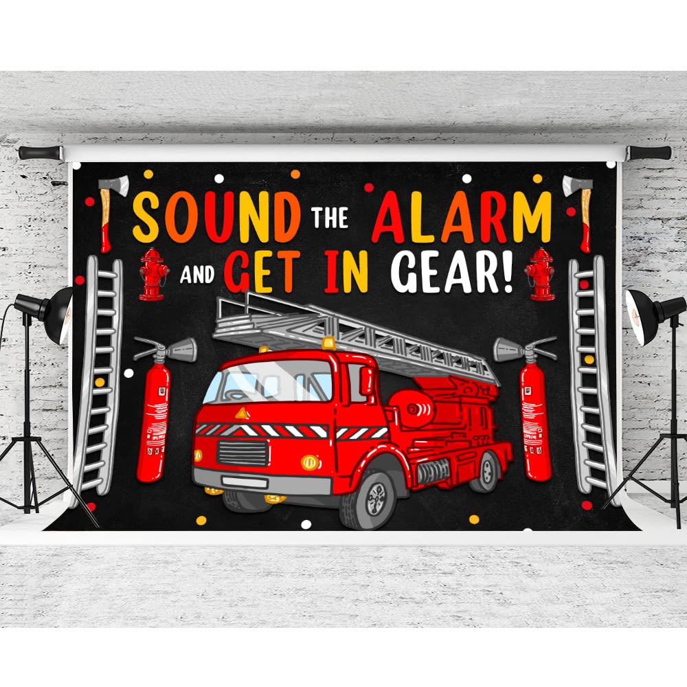 Firetruck Birthday Party Decorations for Boys - Firefighter Backdrop & Sound The Alarm Party Supplies - 7x5ft Red Fire Truck Banner for Kids Birthday, Baby Shower & Themed Events