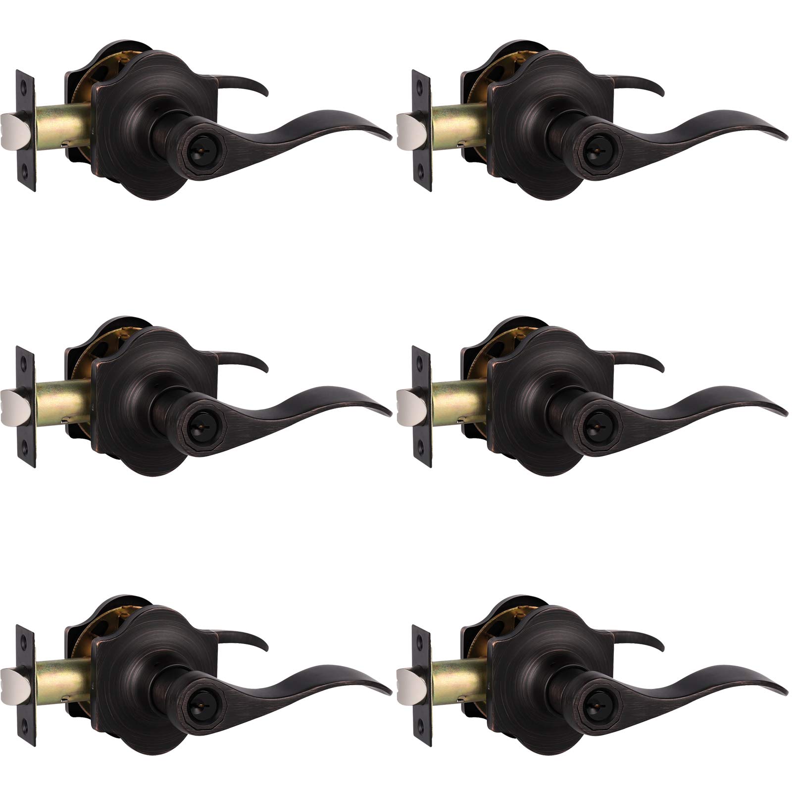 Knobelite Camelot 6-Pack Keyed Entry Door Lever Set - Oil Rubbed Bronze Exterior Security Lock, Reversible Right/Left Handed Wave Design for Front Doors (Keyed Different Each) - Perfect for Home Security & Apartment Building Entry Systems