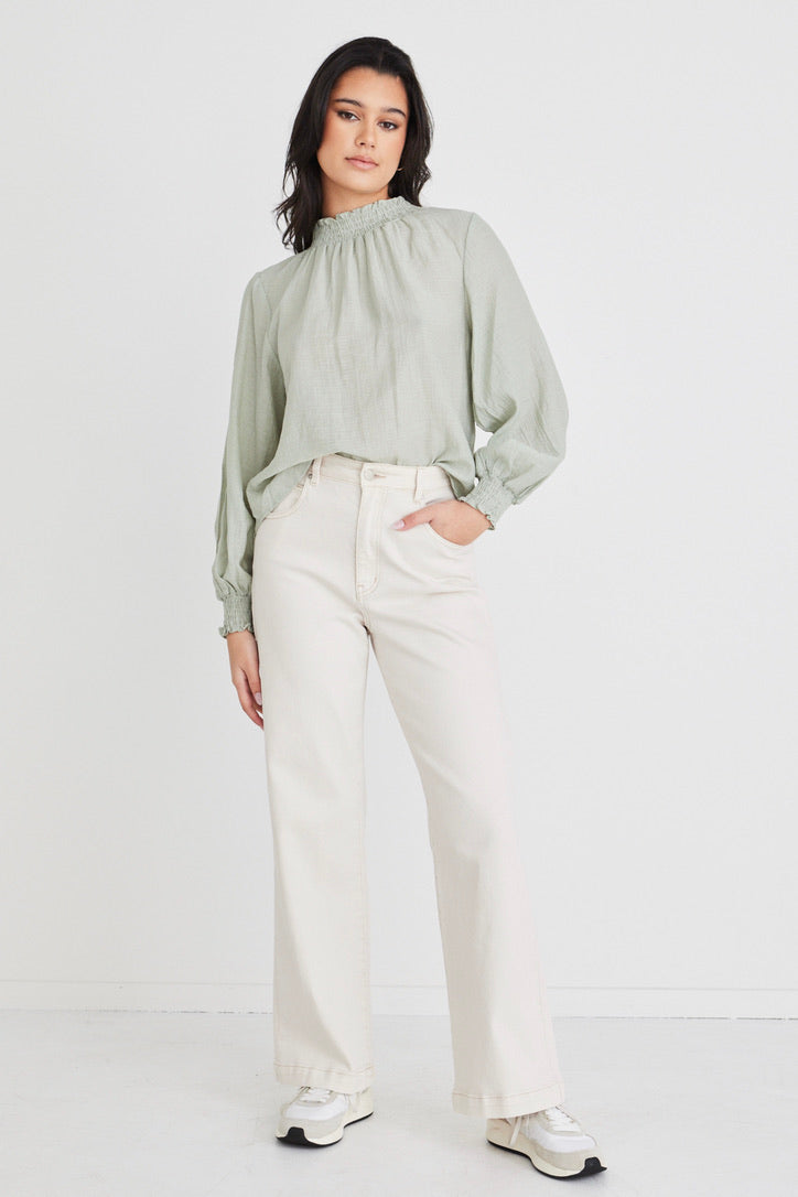 Embrace Sage Crinkle Long Sleeve High Neck Blouse with Shirred Detail & Puff Sleeves - Elegant Women's Tops for Work, Date Night & Special Occasions