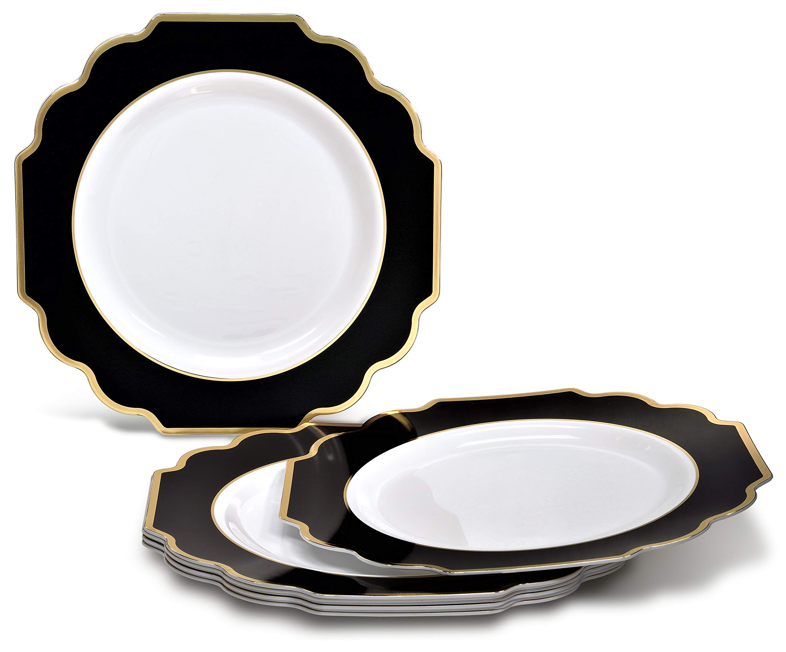 240 Heavyweight Disposable Plastic Plates for Weddings & Parties - 10.5'' Dinner Plates in Elegant White, Black & Gold | Perfect for Formal Events, Bridal Showers & Anniversary Celebrations