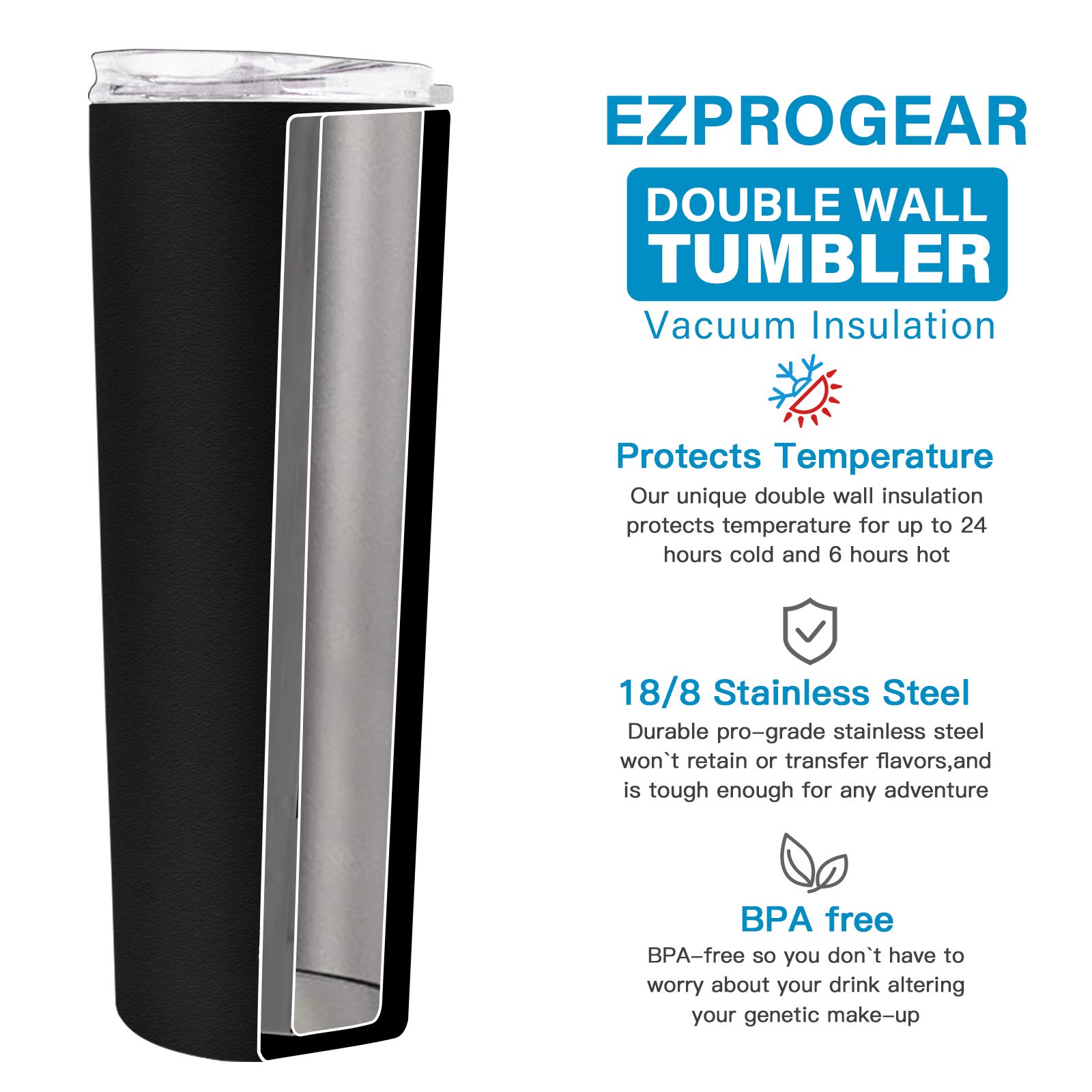Ezprogear 34 oz Black Stainless Steel Slim Skinny Tumbler - Vacuum Insulated Cup with Straw & Leak-Proof Lid - Keeps Drinks Hot/Cold for Hours - Perfect for Office, Gym, Travel & Outdoor Activities