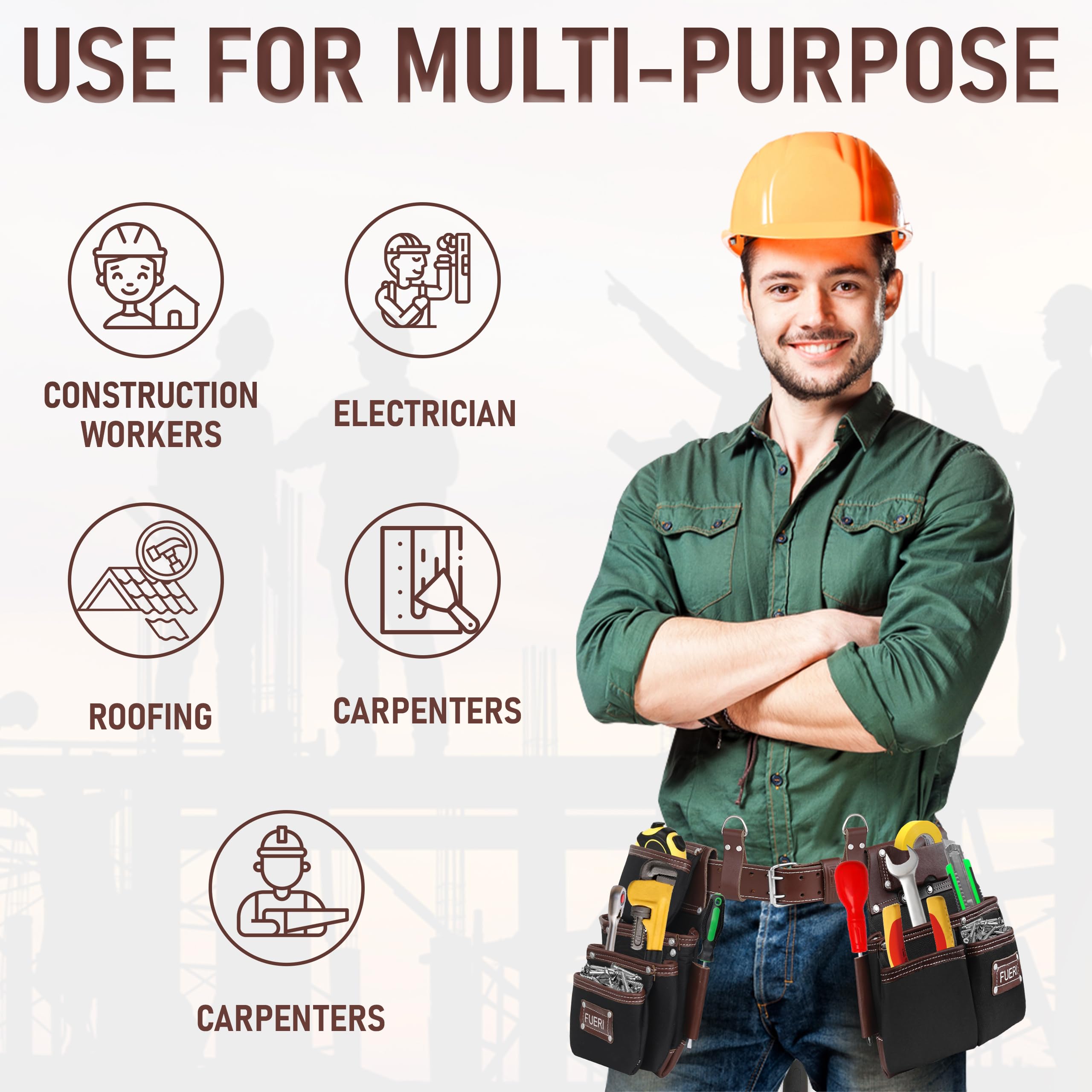 FUERI Heavy Duty Nylon & Leather Tool Belt for Men - Carpenter, Electrician, Construction Work Belt with Multiple Pouches & Organizer (Black/Brown) - Perfect for Framing, Renovation & DIY Projects
