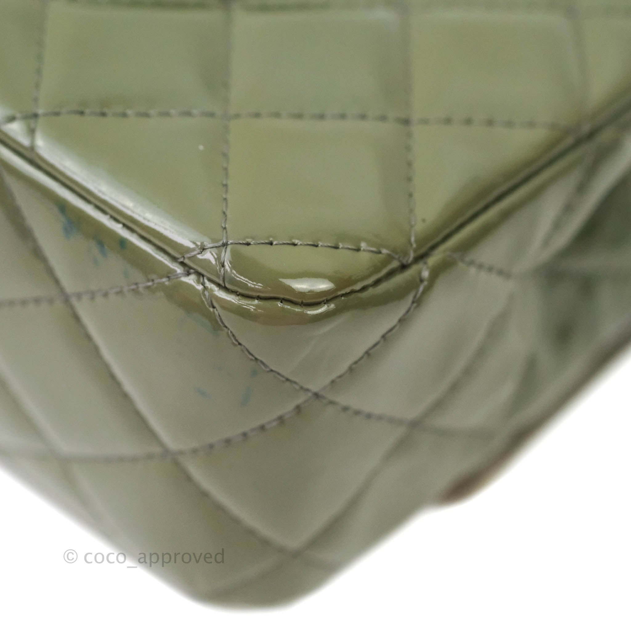 Chanel Classic M/L Medium Double Flap Bag in Olive Green Patent Leather with Silver Hardware - Luxury Handbag for Women, Perfect for Work, Evening Events & Special Occasions