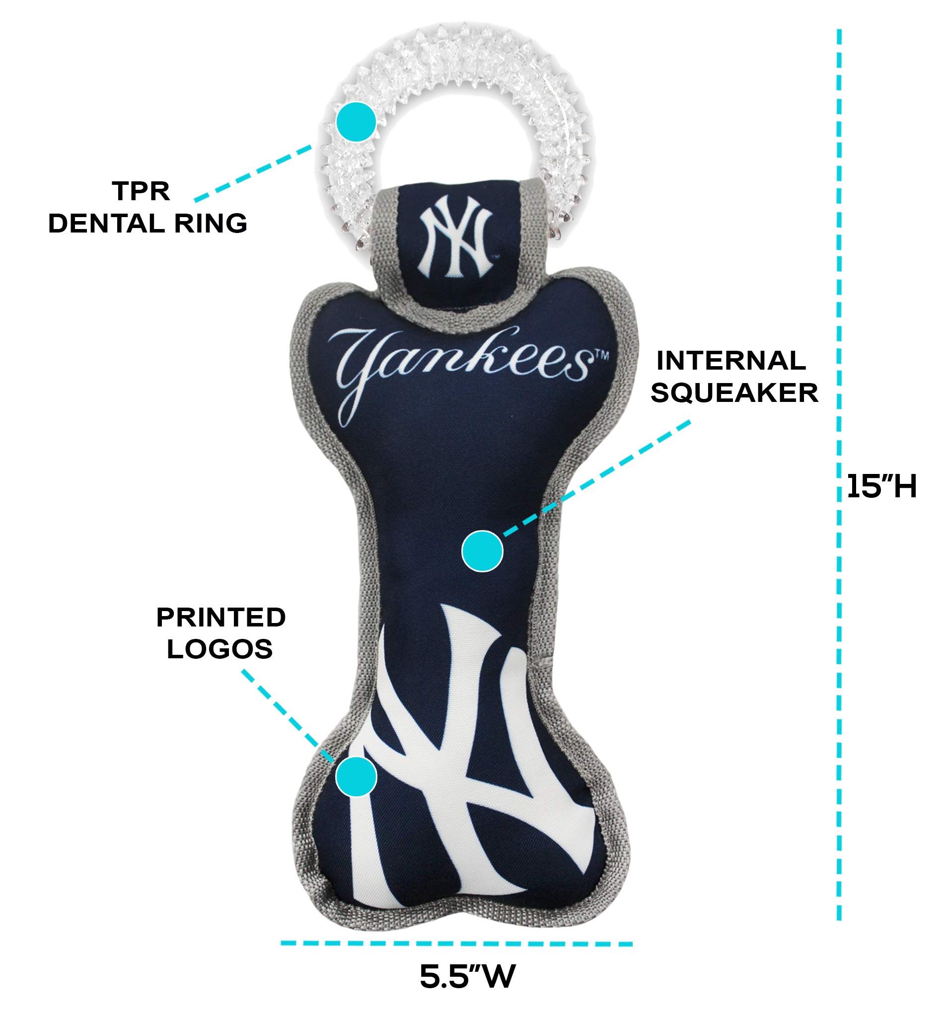 MLB New York Yankees Bone Shaped Dental Dog Chew Toy with Squeaker - Durable Pet Chew Toy for Teething Puppies, Teeth Cleaning & Gum Health - Perfect for Playtime, Training Rewards & Interactive Fun