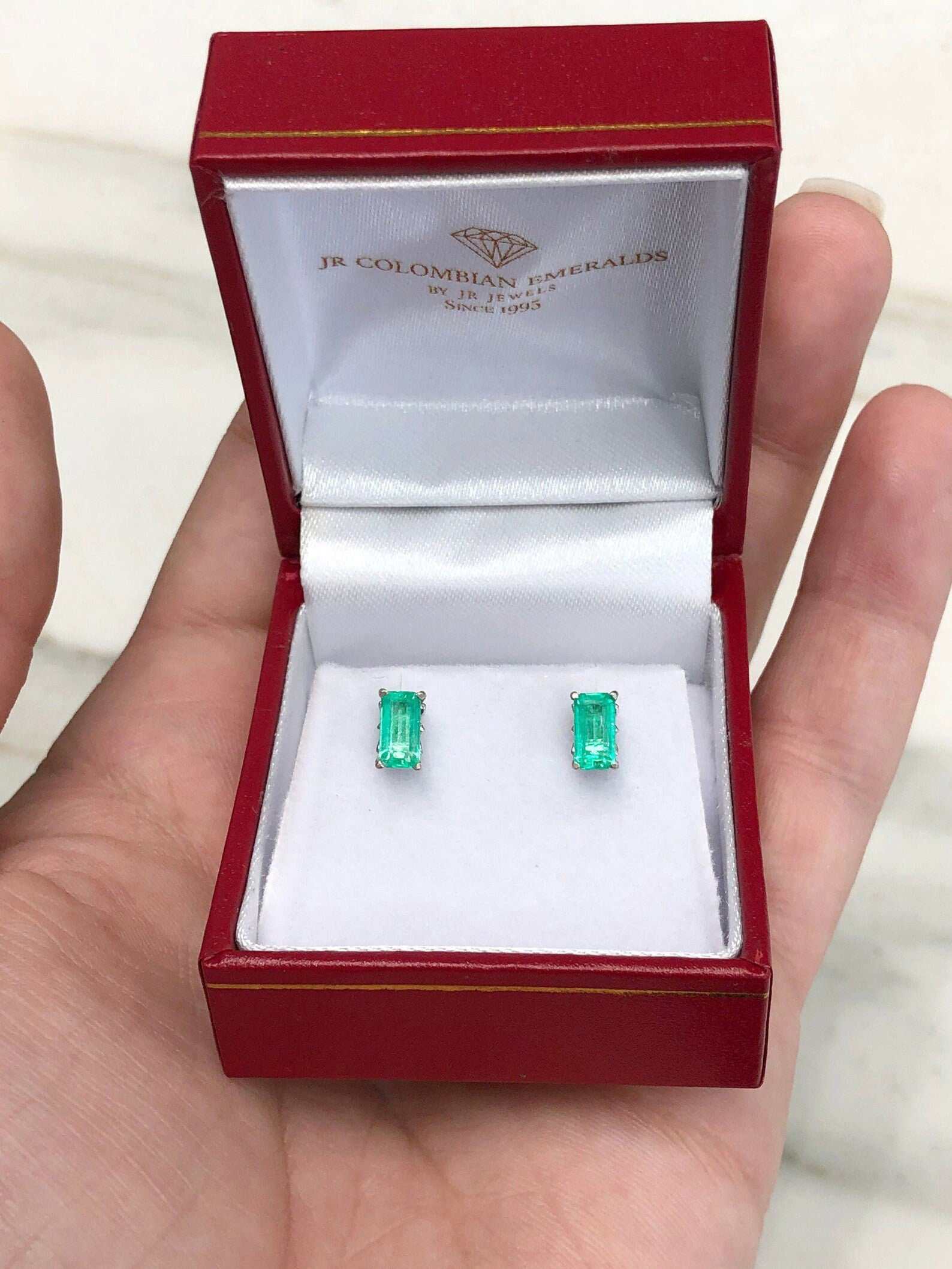 1.10tcw Elongated Vibrant Green Colombian Emerald Fleur De Lis Stud Earrings in 14K Gold - Perfect for Weddings, Parties & Special Occasions