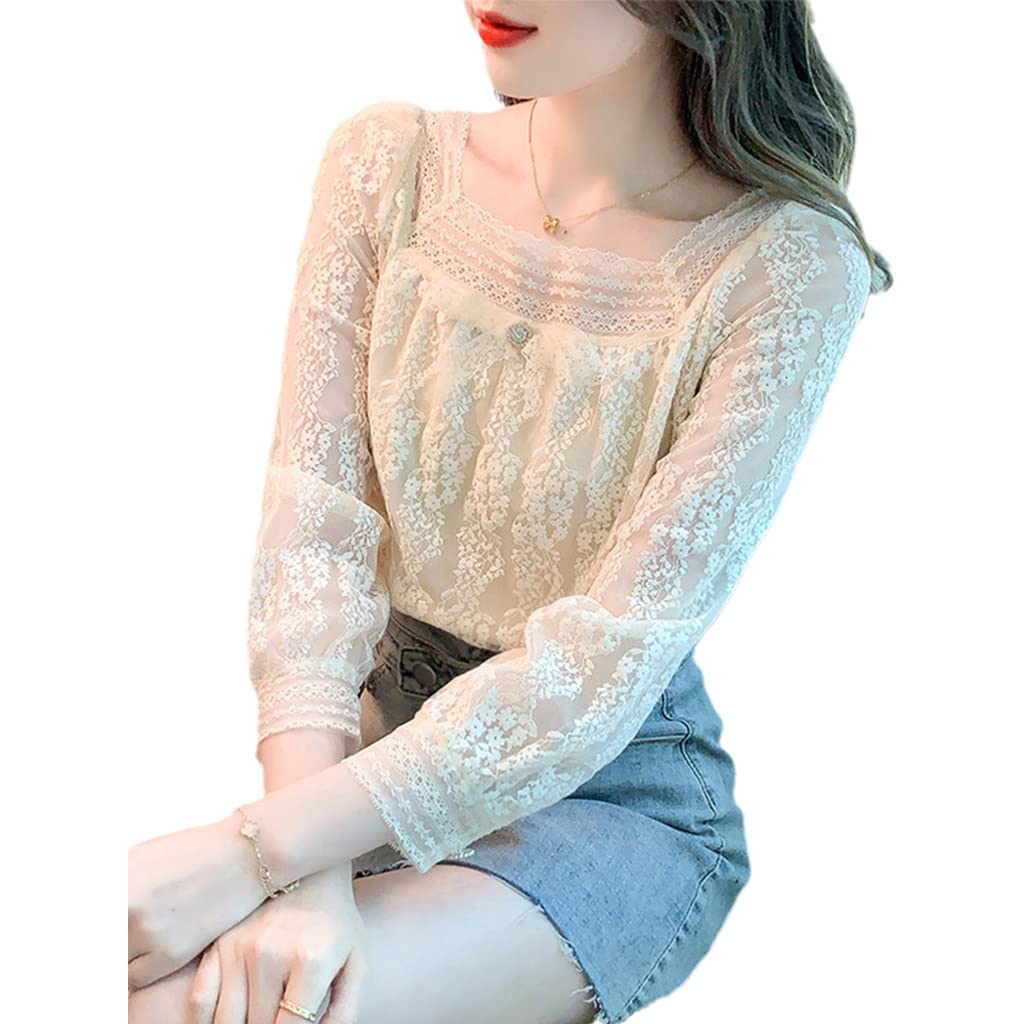 WALNUTA Women's Long Sleeve Blouse - Apricot Hollow Lace Top for Work & Date Night | Elegant Casual Shirt for Office, Party & Special Occasions