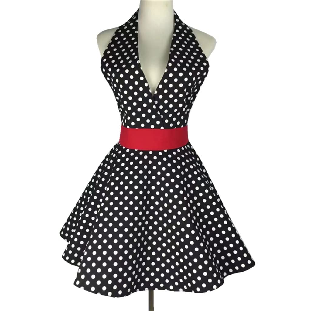 Vintage Black Polka Dot Cotton Bib Apron Dress - Adjustable Waist for Waitress, Hostess & Kitchen Staff (Black, One Size) - Perfect for Restaurants, Cafes & Home Cooking