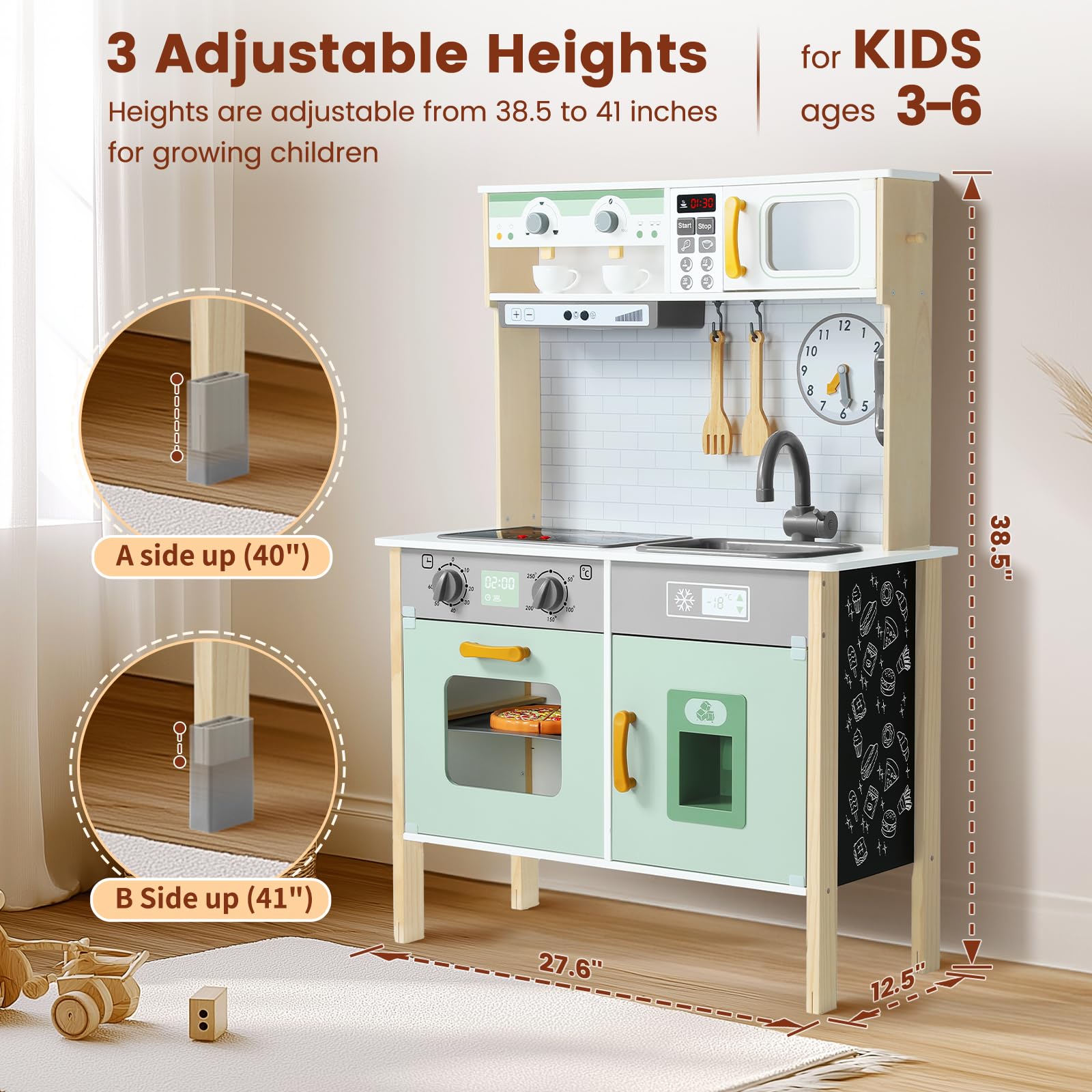**Wooden Play Kitchen Set for Kids - Adjustable Height Pretend Toy with Real Lights & Sounds, Chalkboard & 35-Piece Toy Food & Cookware Accessories (Green) - Perfect for Pretend Play, Role-Playing & Early Learning**