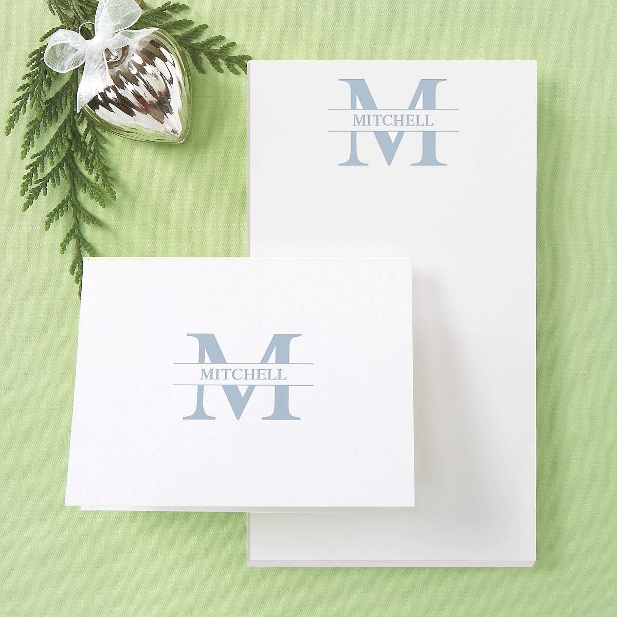 Personalized Blue Monogram Note Card Set - 24 Blank Inside Cards with White Envelopes, 4.25