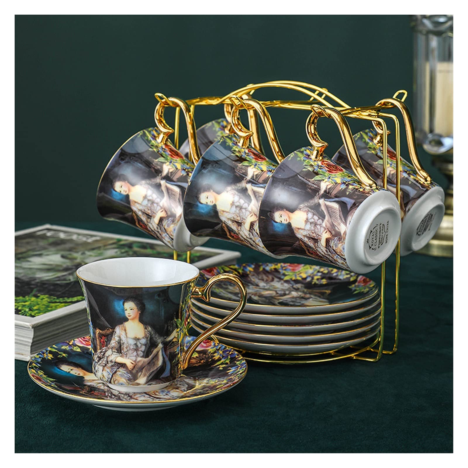 Vintage Porcelain Coffee Set - 6-Piece Luxury Bone China Tea & Coffee Cups with Saucers, Sugar Bowl & Milk Jug - Elegant Wedding Gift for Bridal Shower, Anniversary & Home Decor