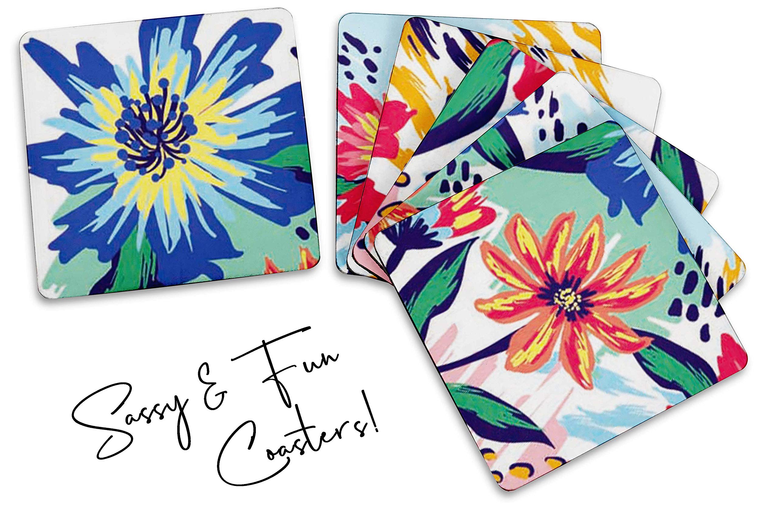 Set of 6 Floral Printed 4-inch Square Drink Coasters - Non-Slip Cork Base, Easy to Clean - Perfect for Dining Table, Coffee Table, and Home Decor