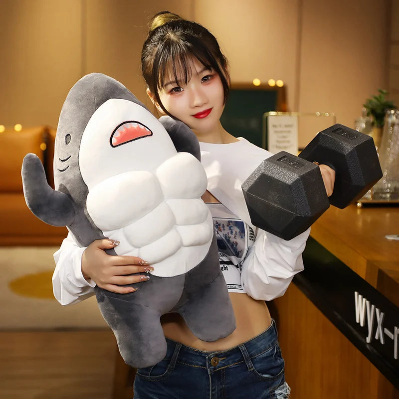 40cm Cute Workout Shark Plush Toy - Soft Stuffed Animal Pillow, Mr. Muscle Shark Doll for Kids & Girls - Perfect Gift for Bedtime, Nursery Decor, and Stress Relief
