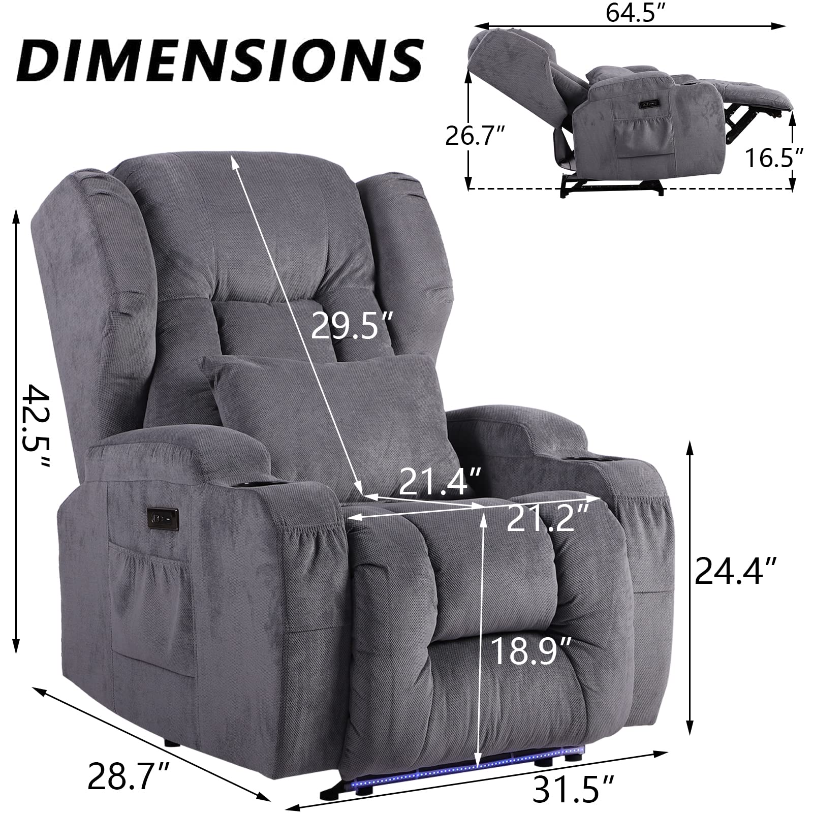 2PC Power Recliner Chair Set with Massage & Heat - Home Theater Seating with LED Lights & USB Ports, Reclining Sofa Chairs for Living Room, Game Room or Movie Theater - Includes Cup Holders & Remote Control - Perfect for Relaxing, Gaming & Movie Nights