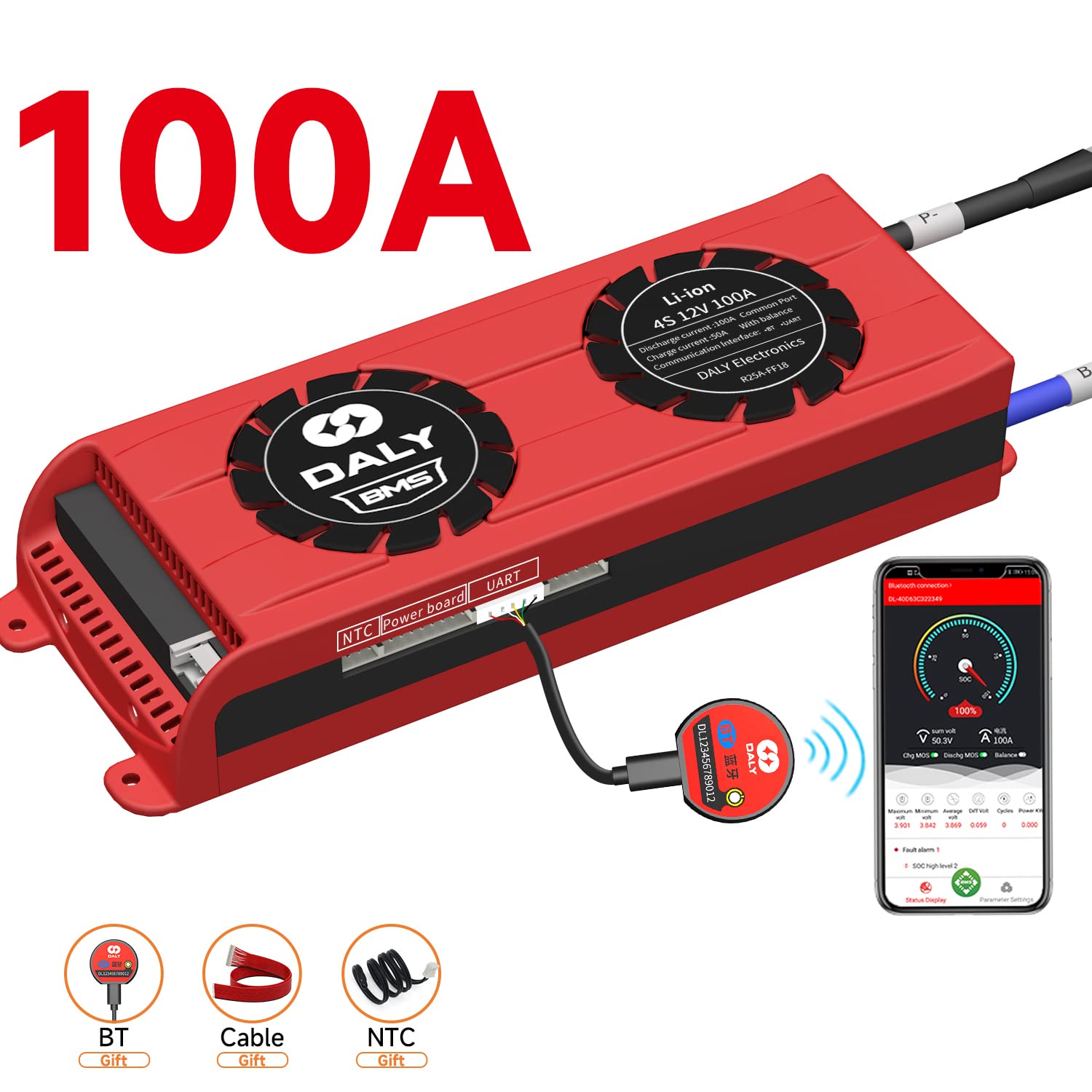 DALY Smart BMS 4S 100A 12V Lithium Battery Protection System with Bluetooth & Cooling Fan - SOC Monitoring for 3.7V Li-ion Battery Packs - Perfect for Home Backup Power Storage, Solar Energy Systems & RV Applications