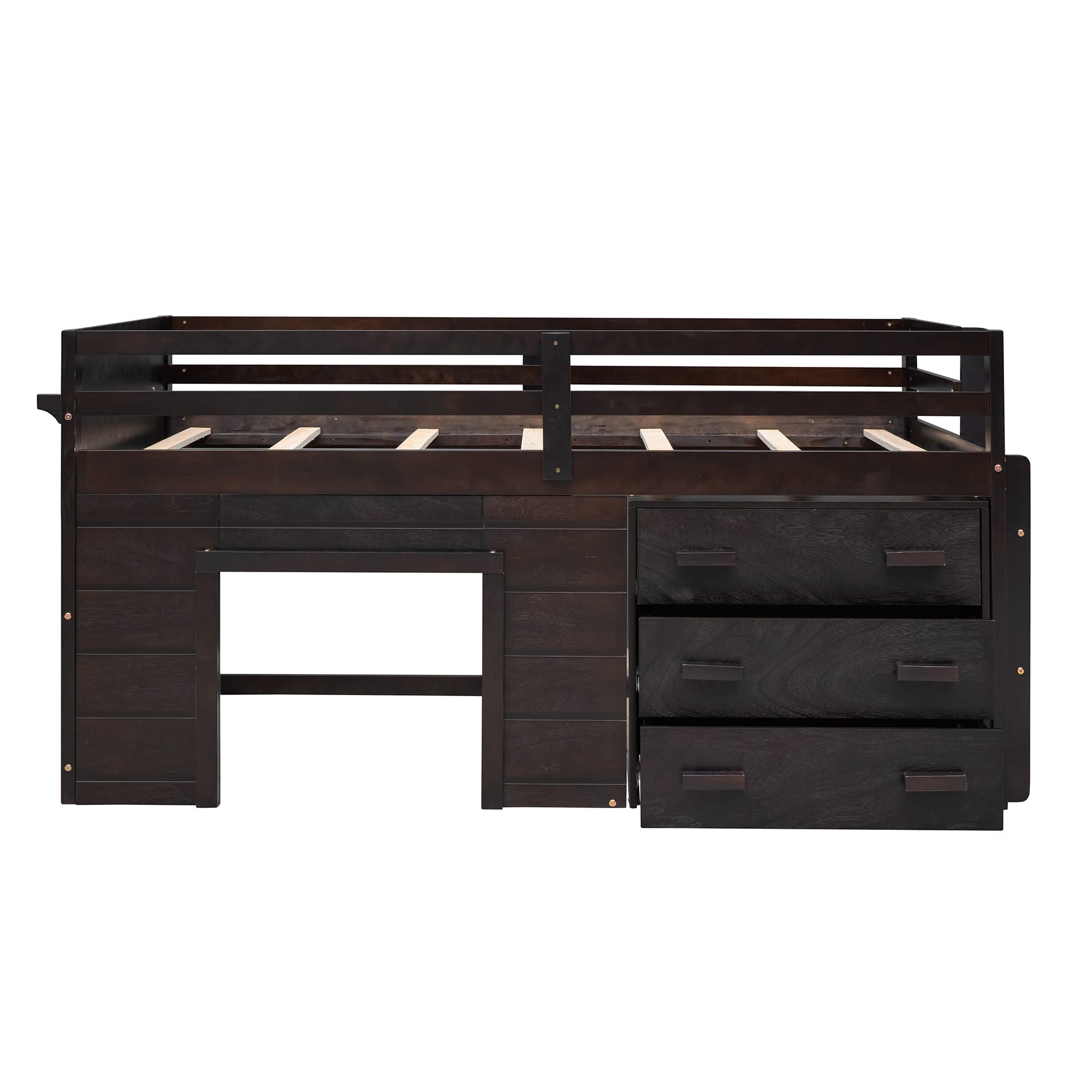 Bellemave Low Loft Bed with 3 Drawers & Cabinet - Twin Size Wooden Farmhouse Style Loft Bed Frame with Bedside Tray for Kids, Teens, Boys & Girls (Espresso) - Perfect for Small Bedrooms, Dorm Rooms & Space-Saving Kids' Rooms