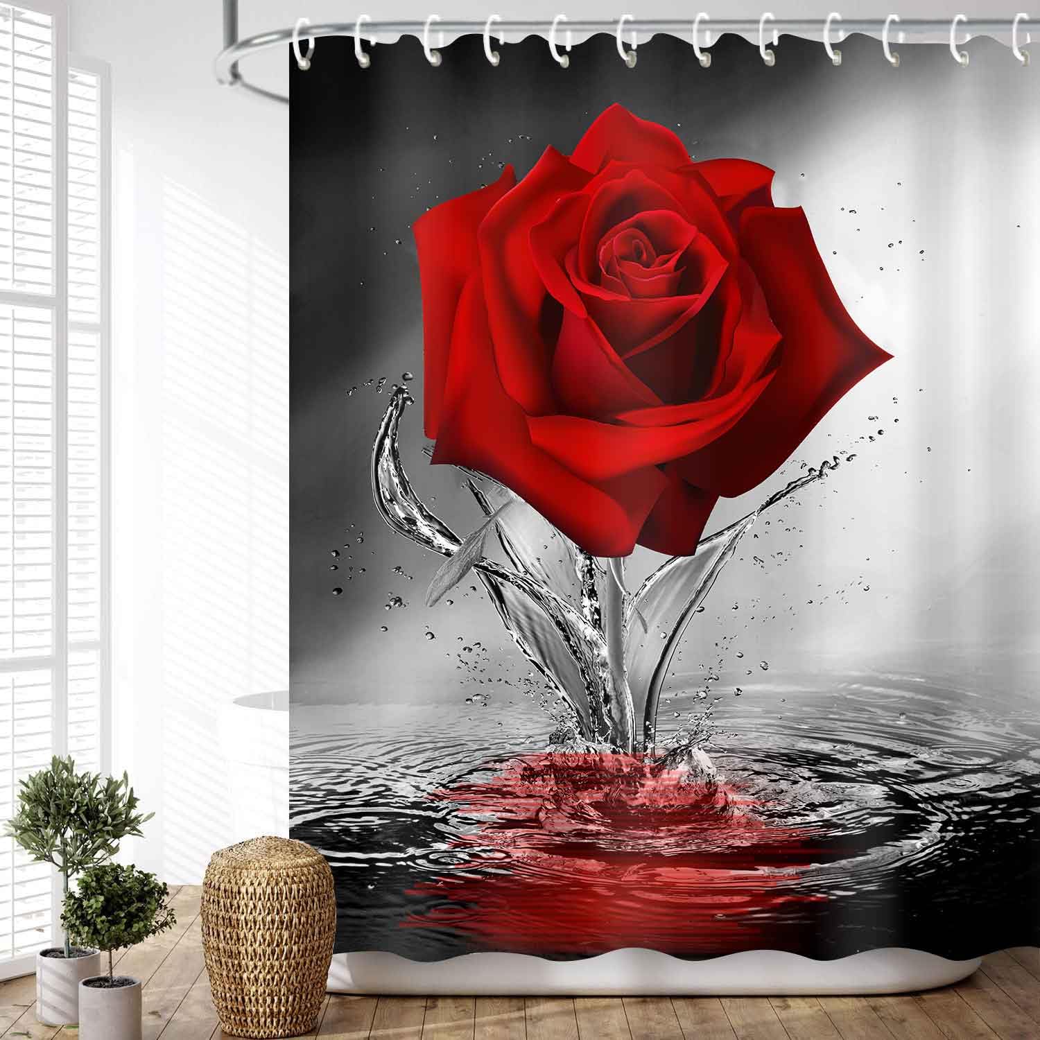 Romantic Red Rose Shower Curtain with Floral Blossom Design - Water Reflection Pattern Fabric Bath Curtain in Black & Red - Machine Washable 69x75 Inches for Bathroom Decor & Spa-Like Experience