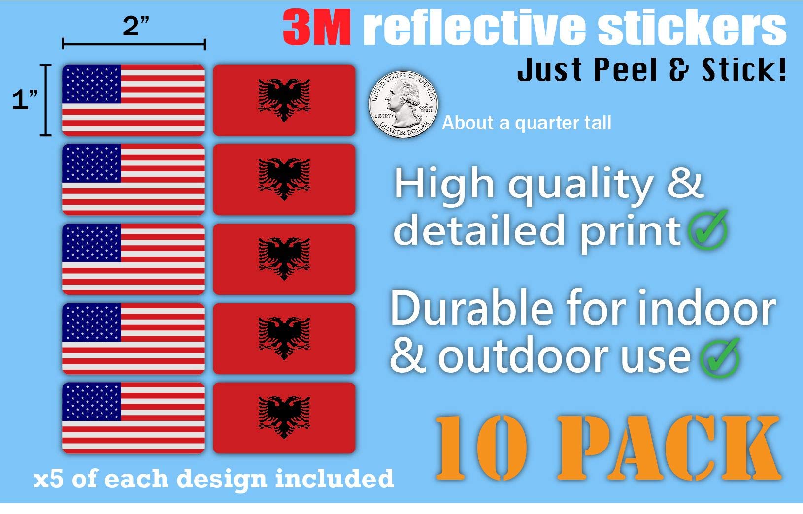10-Pack 3M Reflective Albania & USA Flag Stickers - High Visibility Safety Decals for Hard Hats, Laptops, Bikes & Toolboxes | Perfect for Construction Workers, Cyclists & Outdoor Enthusiasts