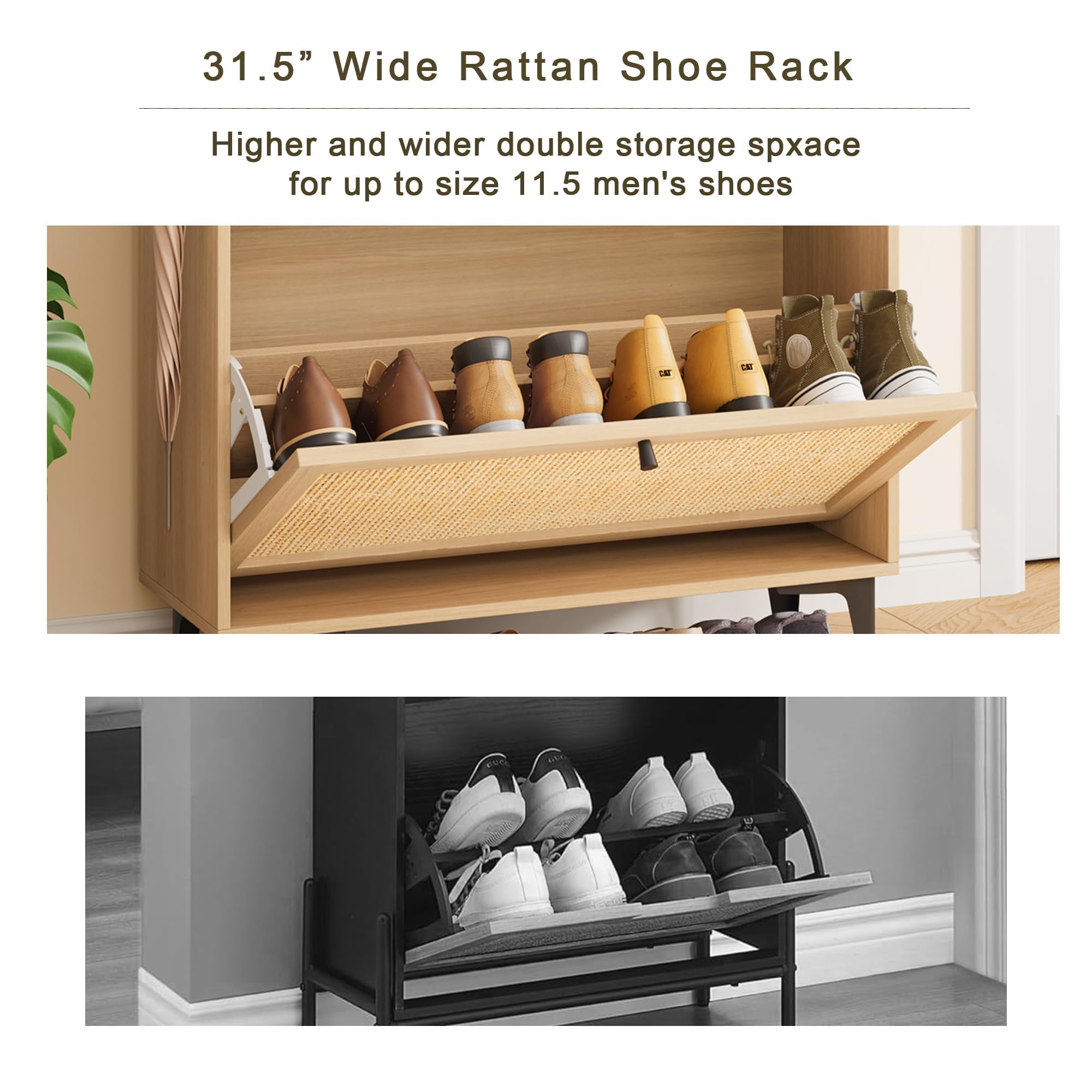 Rattan Shoe Cabinet with 2 Flip Drawers & 2 Storage Drawers - Freestanding Narrow Wooden Shoe Organizer with Metal Legs for Entryway, Hallway, Living Room - Light Black Finish - Perfect for Small Spaces & Home Organization