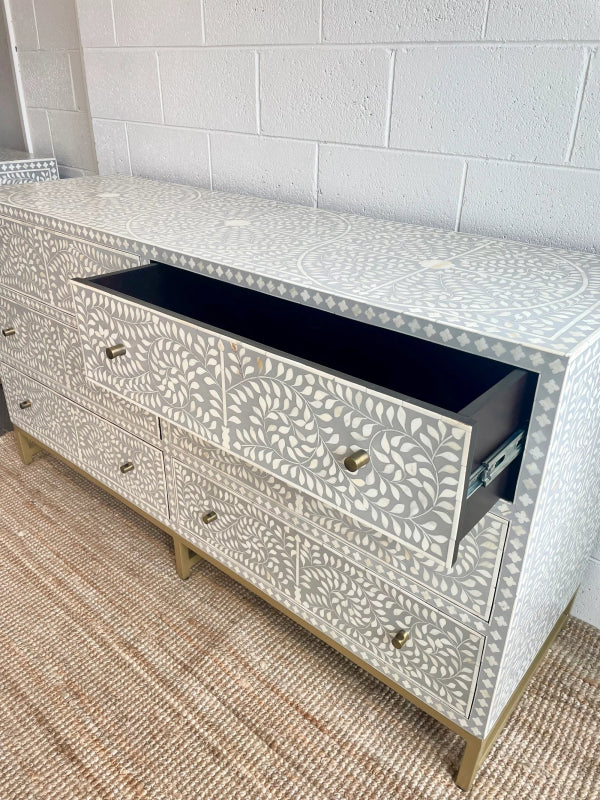 Handmade Bone Inlay Grey Scroll Vine 6-Drawer Chest - Indian Furniture for Bedroom, Living Room & Office Storage