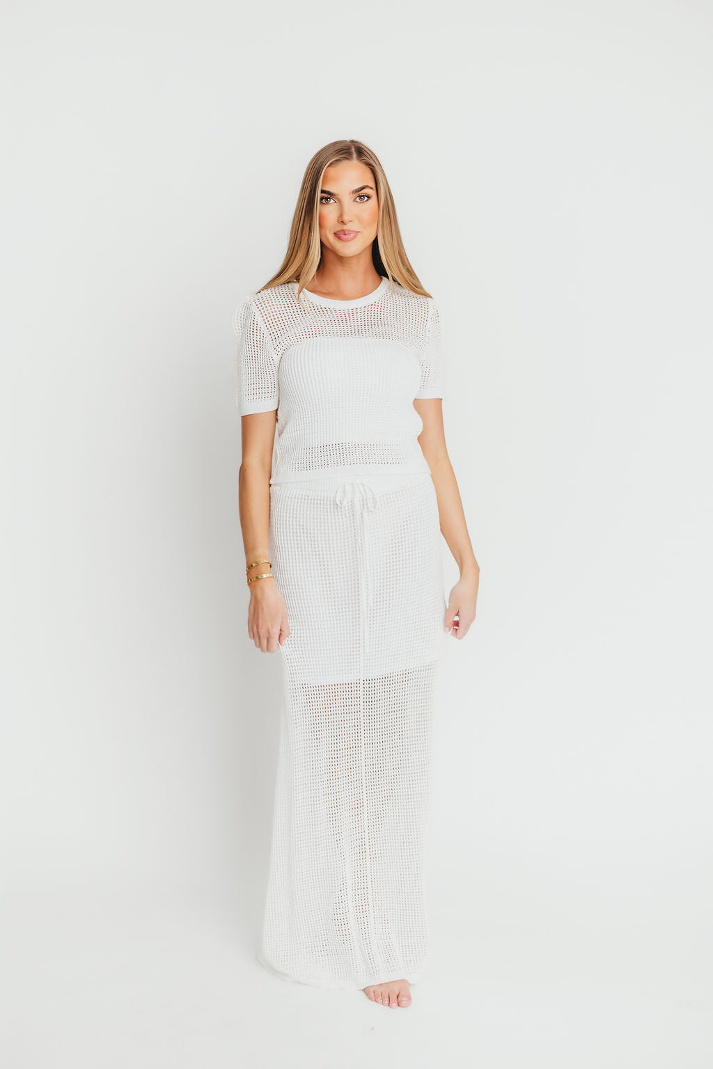 Aidan Open Knit Top and Maxi Skirt Set in Off White - Women's Boho Chic Outfit for Summer Beach Vacation & Casual Date Night