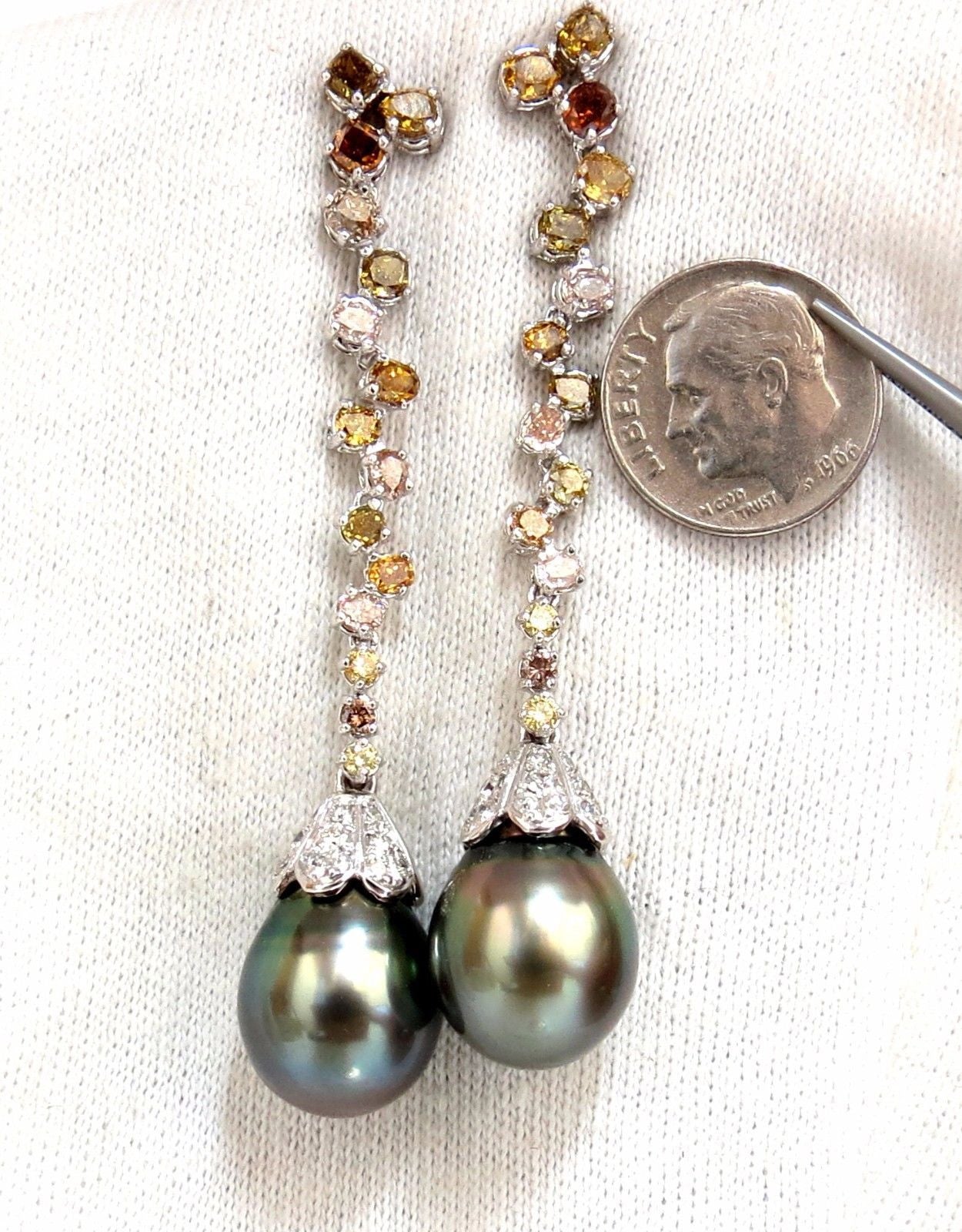 12.70mm Natural Tahitian Pearl Dangle Earrings with Diamond Accents in 14K Gold – Perfect for Weddings, Parties & Special Occasions