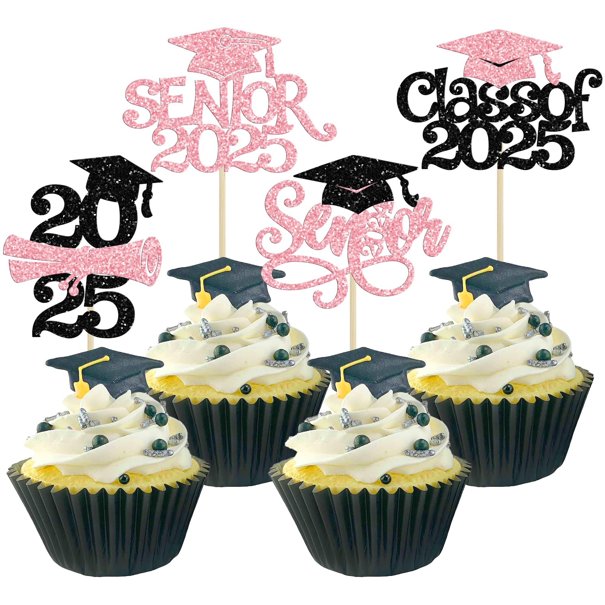 24Pcs 2025 Senior Graduation Cupcake Toppers with Glitter - Class of 2025 Cupcake Picks & Decorations for Graduation Party Supplies (Pink) - Perfect for High School Graduation Cakes, Dessert Tables & Celebration Decor