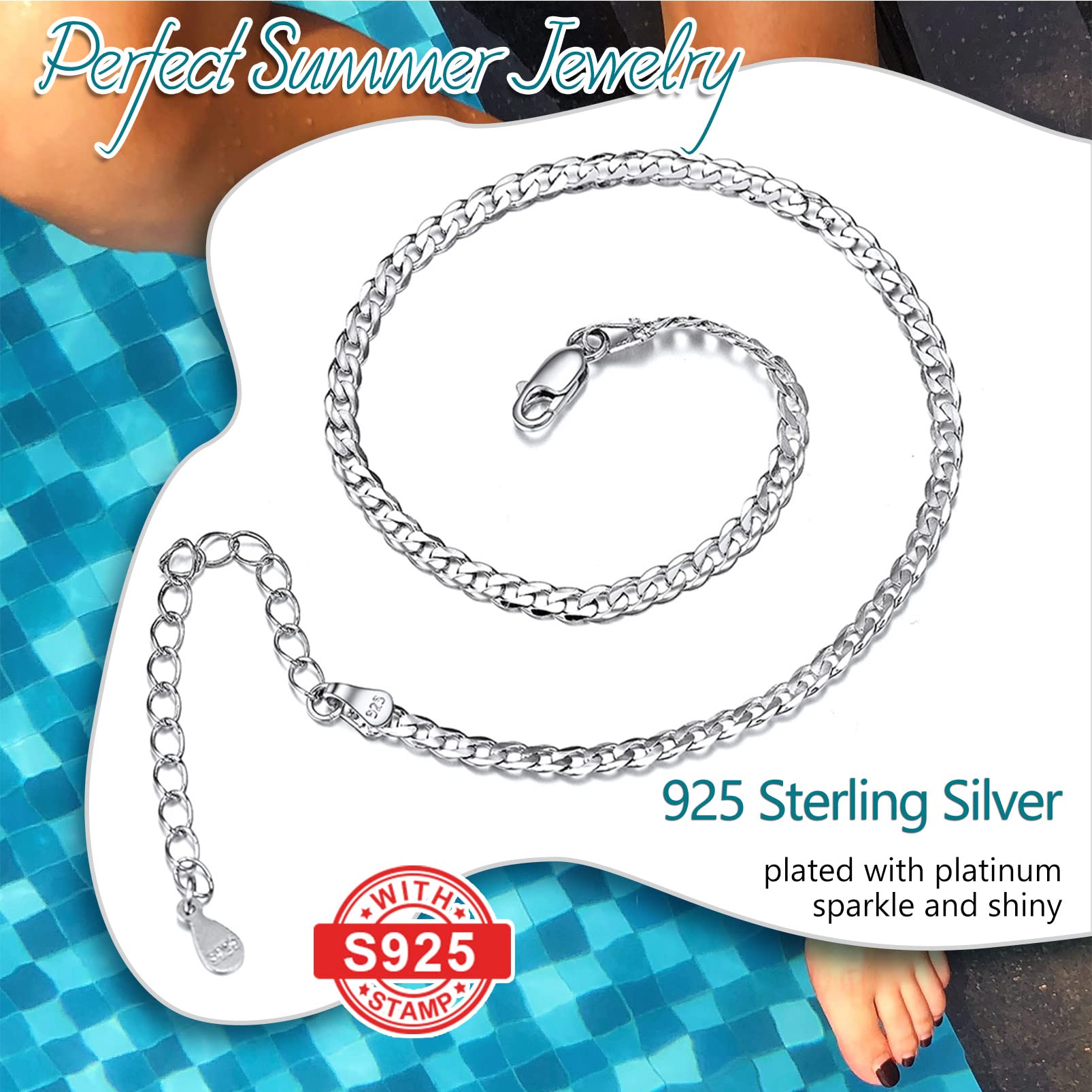 Sterling Silver Ankle Bracelets for Women - Adjustable 8.6-10.6