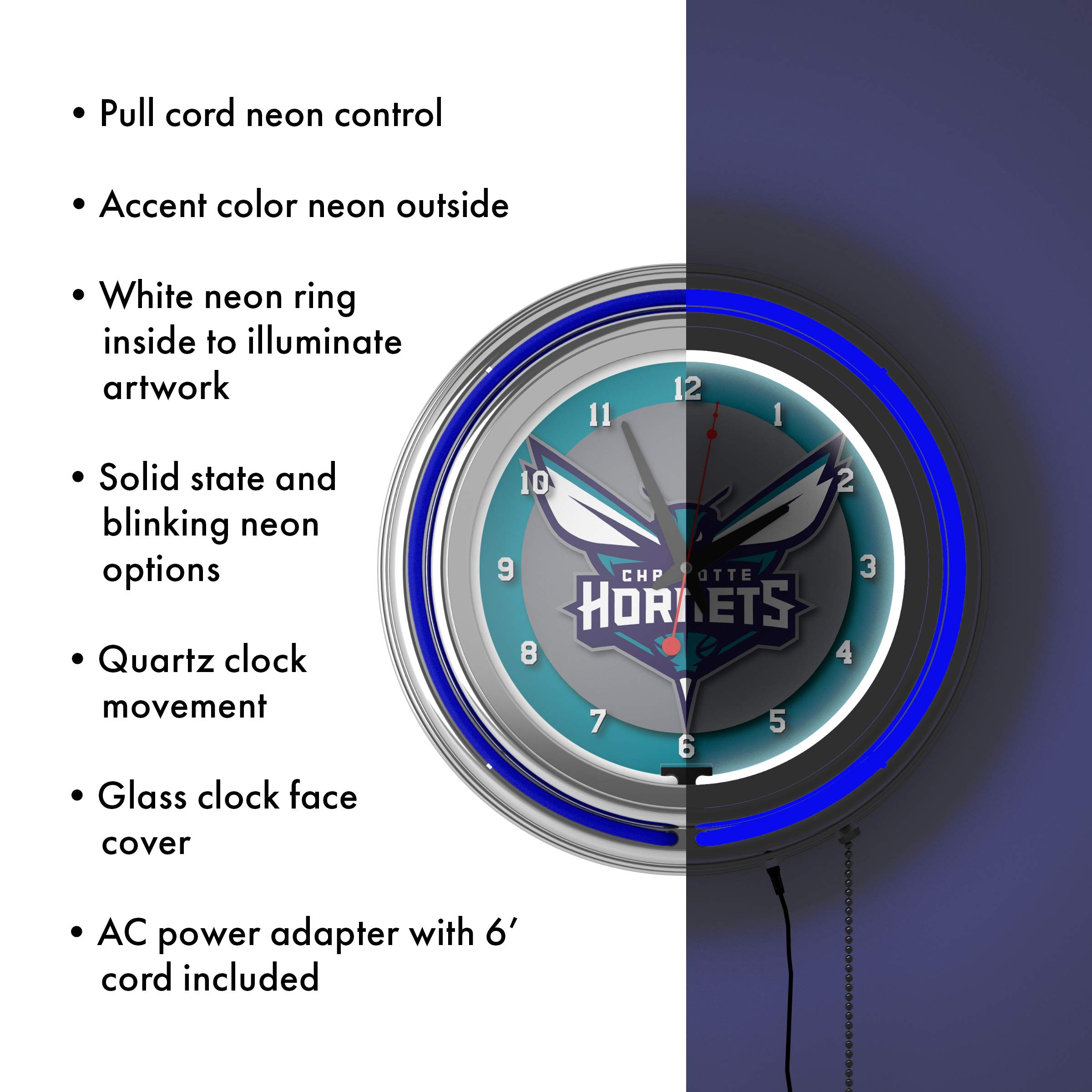 Charlotte Hornets NBA Chrome Double Ring Neon Clock - Officially Licensed NBA Wall Clock for Home, Office, and Game Room Decor
