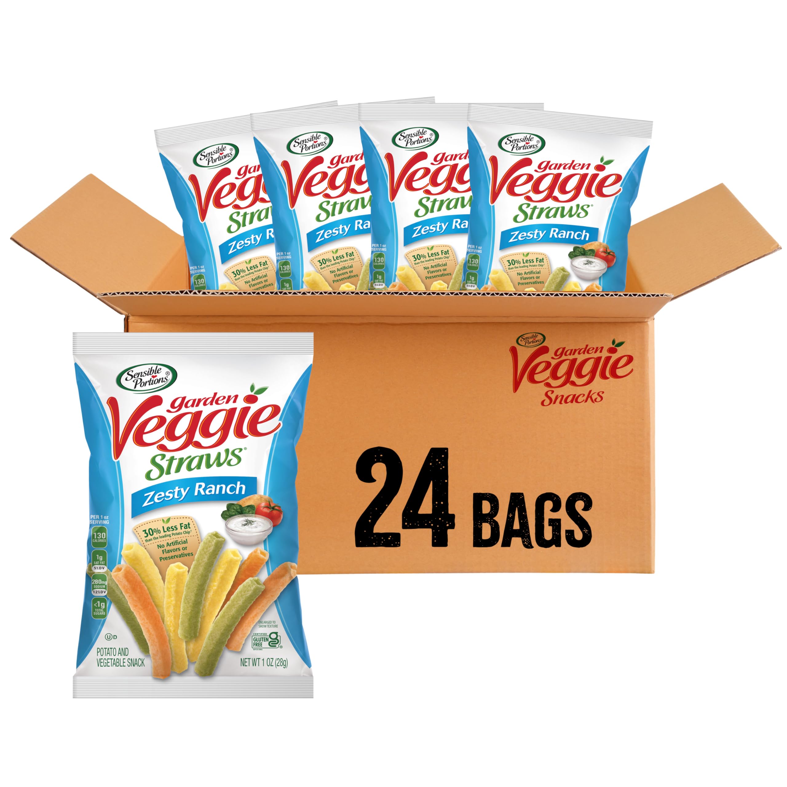 Sensible Portions Garden Veggie Straws - Zesty Ranch Flavor, 1 Oz Snack Packs (24 Count) | Healthy Vegan Gluten-Free Chips for Kids, Parties & On-The-Go Snacking