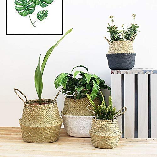 INSO Natural Woven Seagrass Belly Basket - Foldable Storage Basket with Handles for Picnic, Grocery, Laundry, Beach & Plant Storage (2XL, Gray) | Perfect for Home Organization, Nursery Decor & Outdoor Activities
