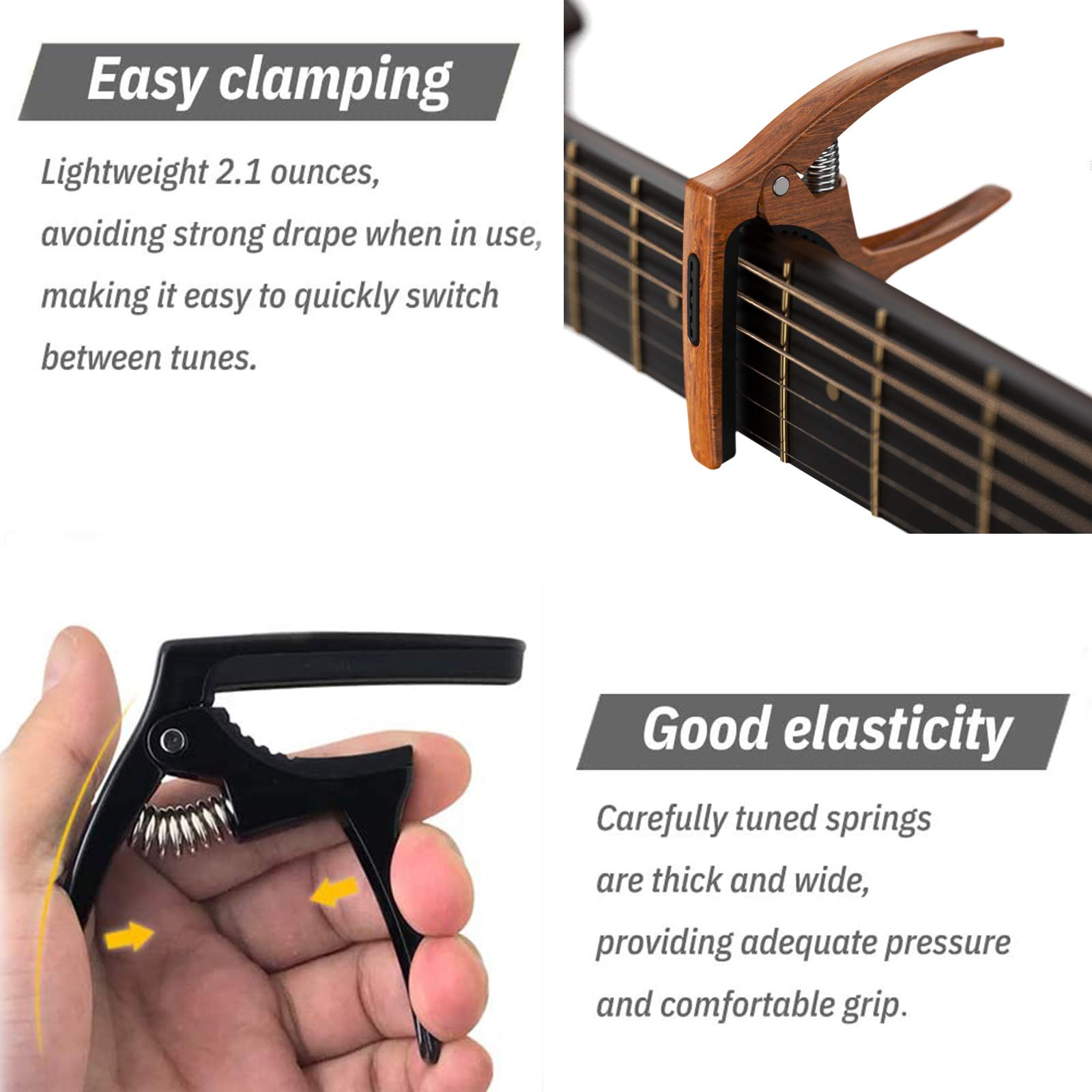 3-in-1 Guitar Capo for Acoustic & Electric Guitars with Pick Holder - 2 Pack Includes 6 Picks - Universal Ukulele Capo - Premium Strings Accessories (Black & Wood) - Perfect for Live Performances, Studio Recording & Practice Sessions