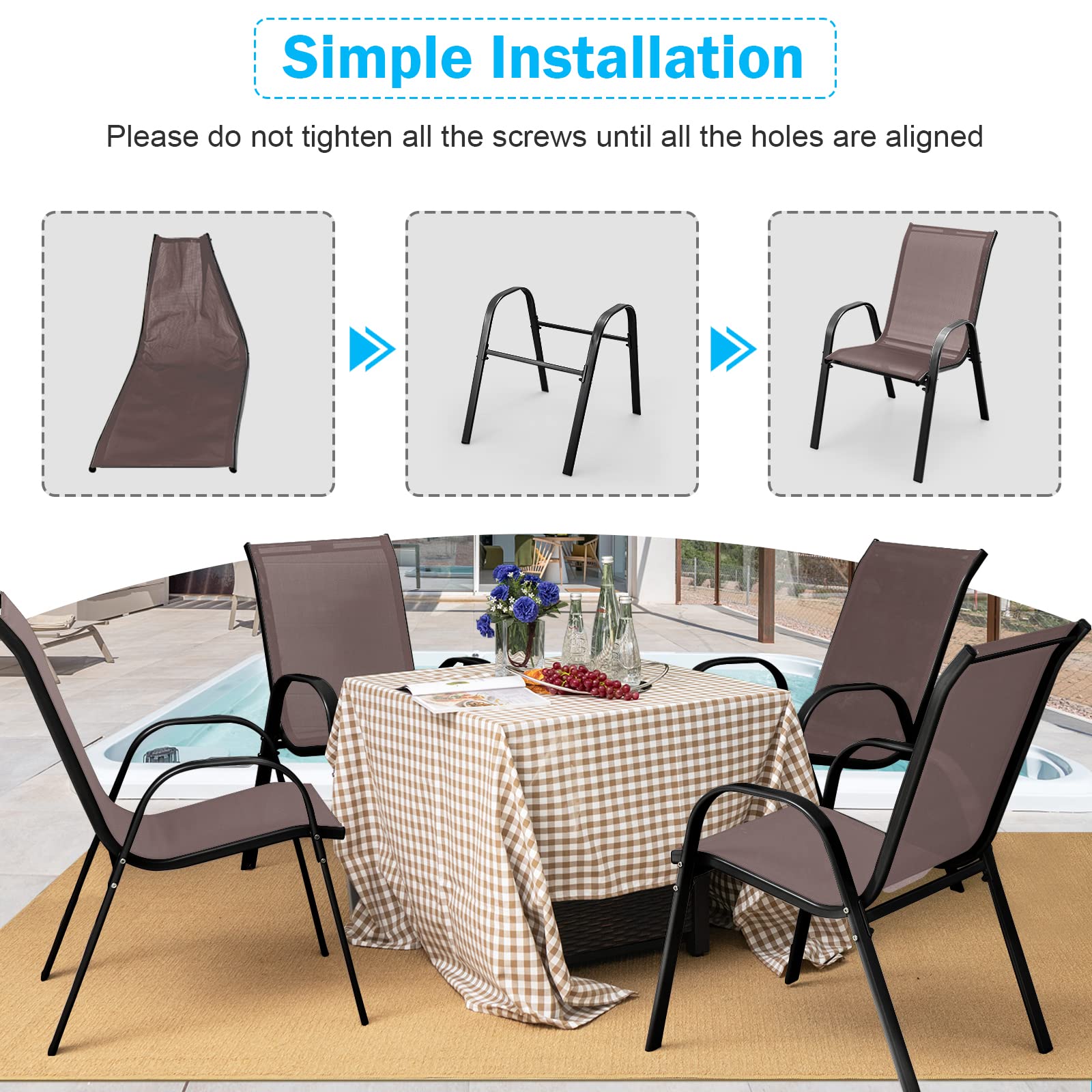 Tangkula 4-Piece Stackable Patio Dining Chairs Set - Heavy Duty All-Weather Outdoor Chairs with Armrests, 330 lbs Weight Capacity - Perfect for Poolside, Backyard, Garden, Deck, Front Porch & Outdoor Dining (Brown)