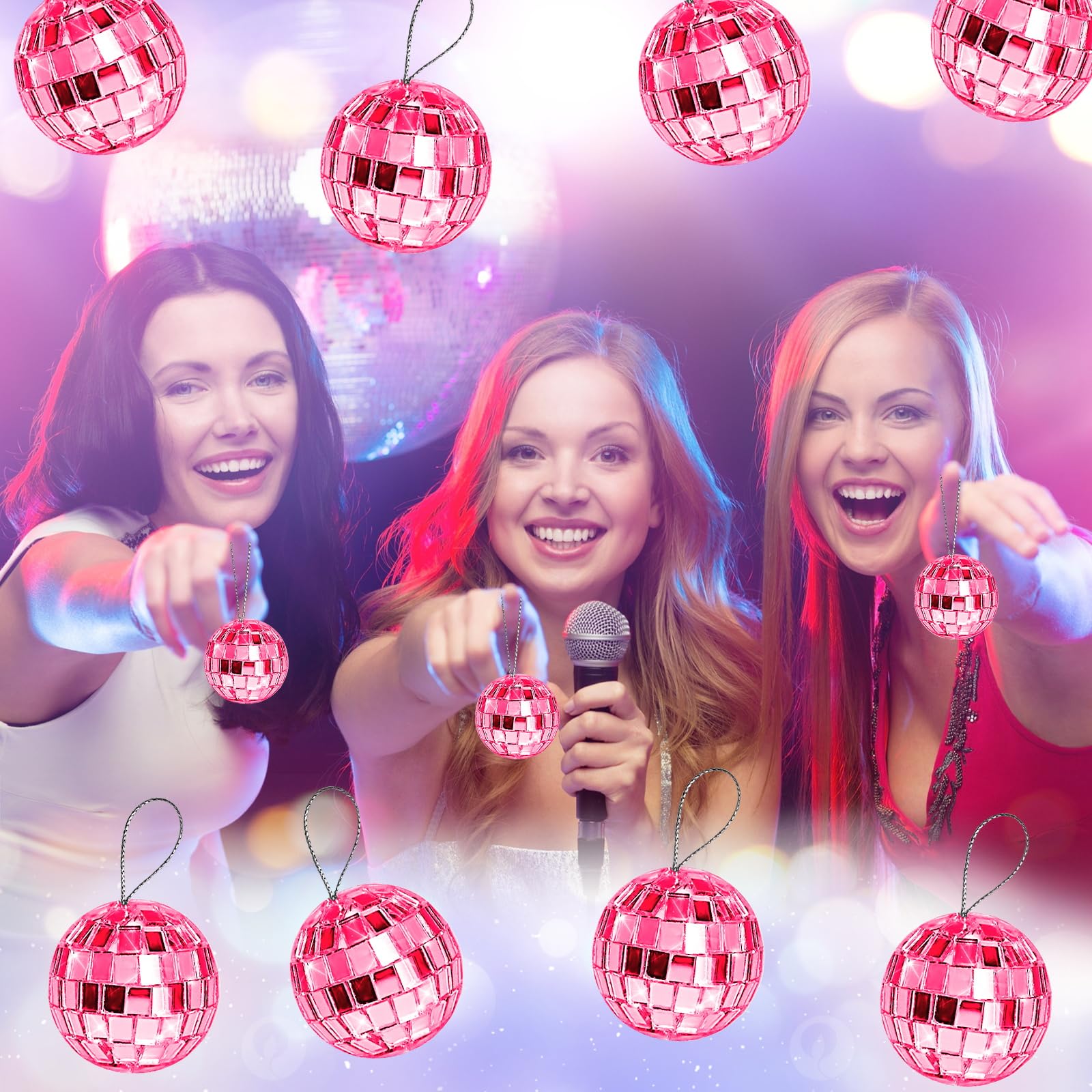 24-Pack Pink Disco Ball Decorations - Mini Hanging Mirror Balls with Rope for Christmas Tree, Wedding, Dance Party & Music Festival Decor | Cake Topper & Home Disco Lighting