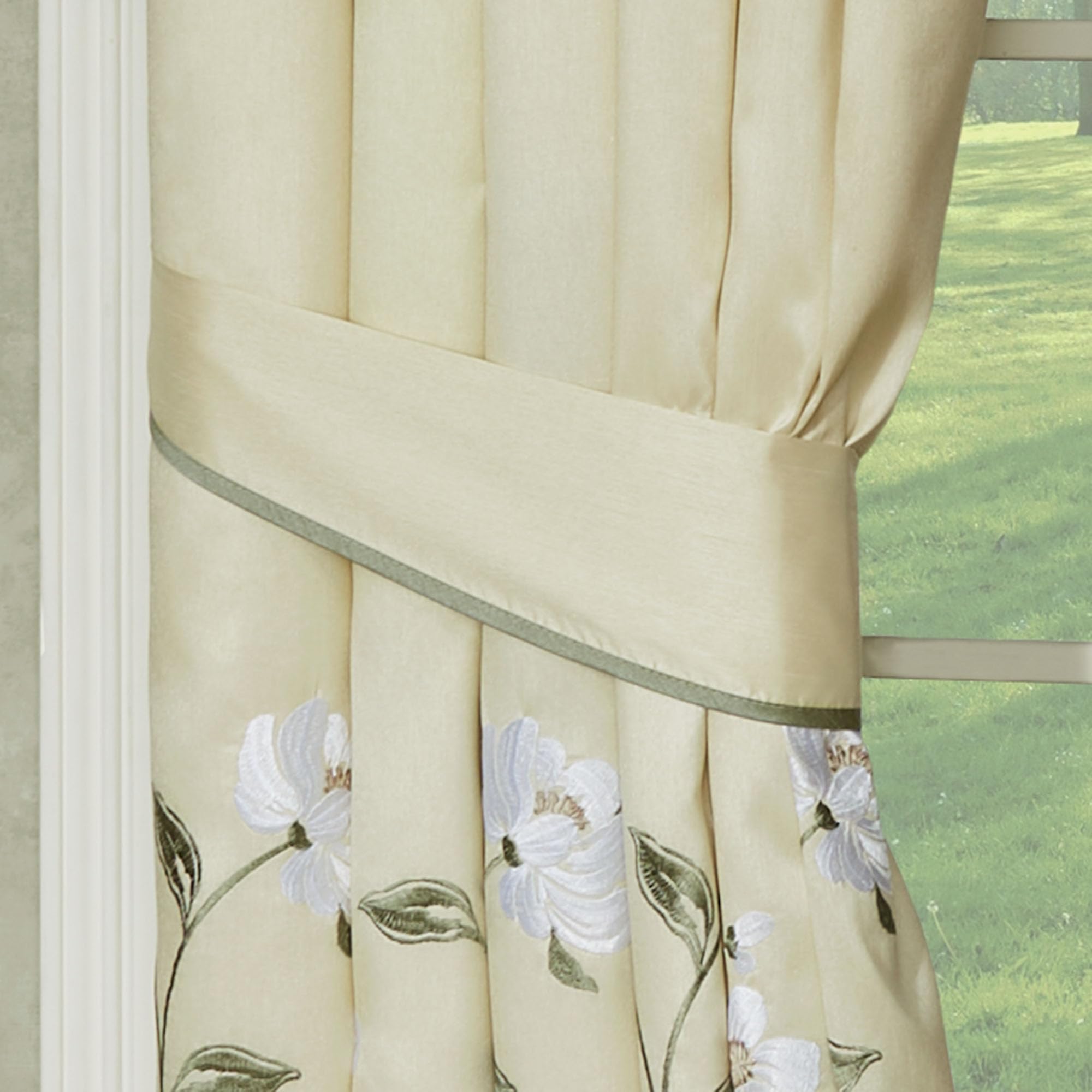 J. Queen New York Luxury Garden Walk Window Curtain Set - 2-Piece Polyester Faux Silk Valance with Magnolia Flower Embroidery in Vanilla Cream Sage | Elegant Tie-Up Design for Living Room, Bedroom & Dining Room Decor