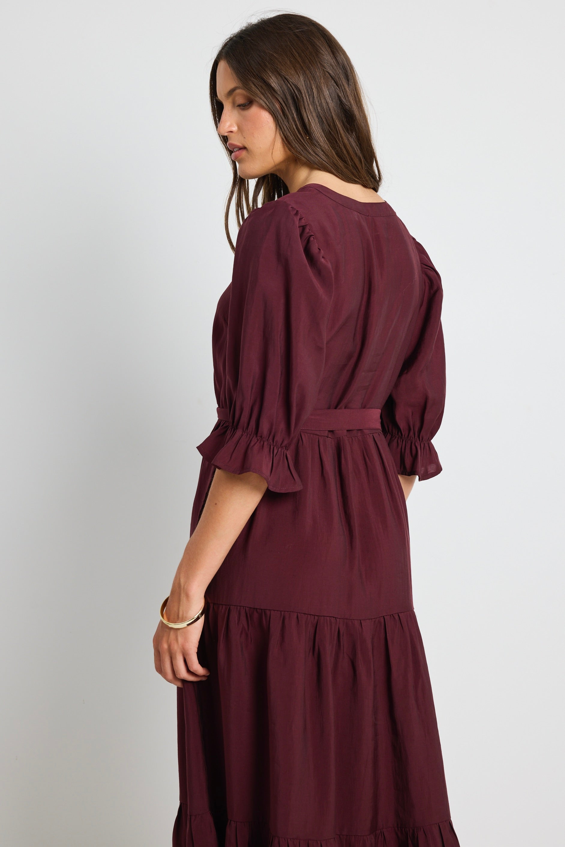 Burgundy Plum SS Button Front Tiered Maxi Dress for Women - Elegant Summer Casual Dress with Flowy Skirt - Perfect for Beach Vacations, Date Nights & Outdoor Parties
