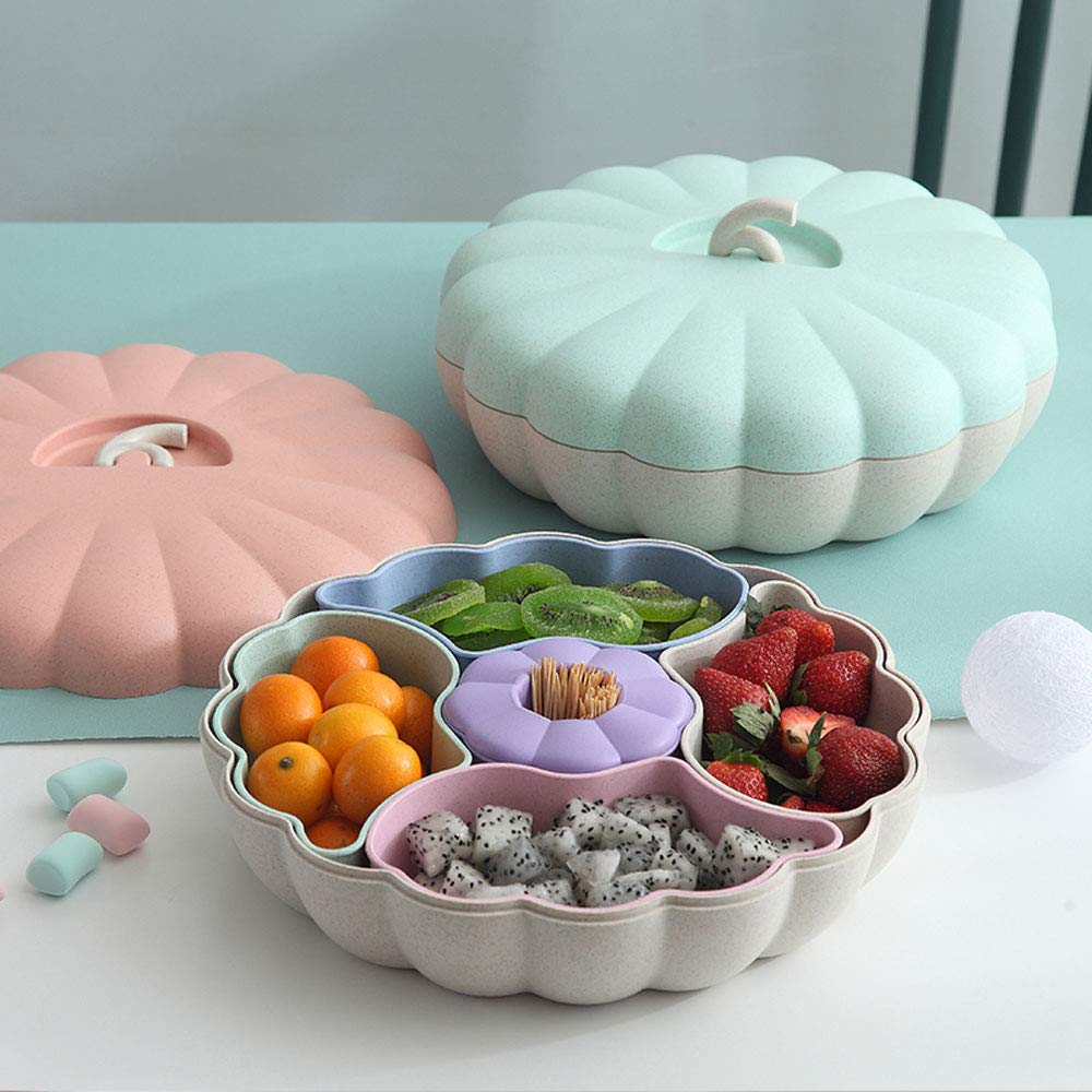Pumpkin Shaped Snack Serving Tray with Lid - Multi Section Appetizer Plates & Snack Bowls for Party, Halloween, Thanksgiving - Perfect for Storing Dried Fruits, Nuts, Candies, Fruits (Pink)
