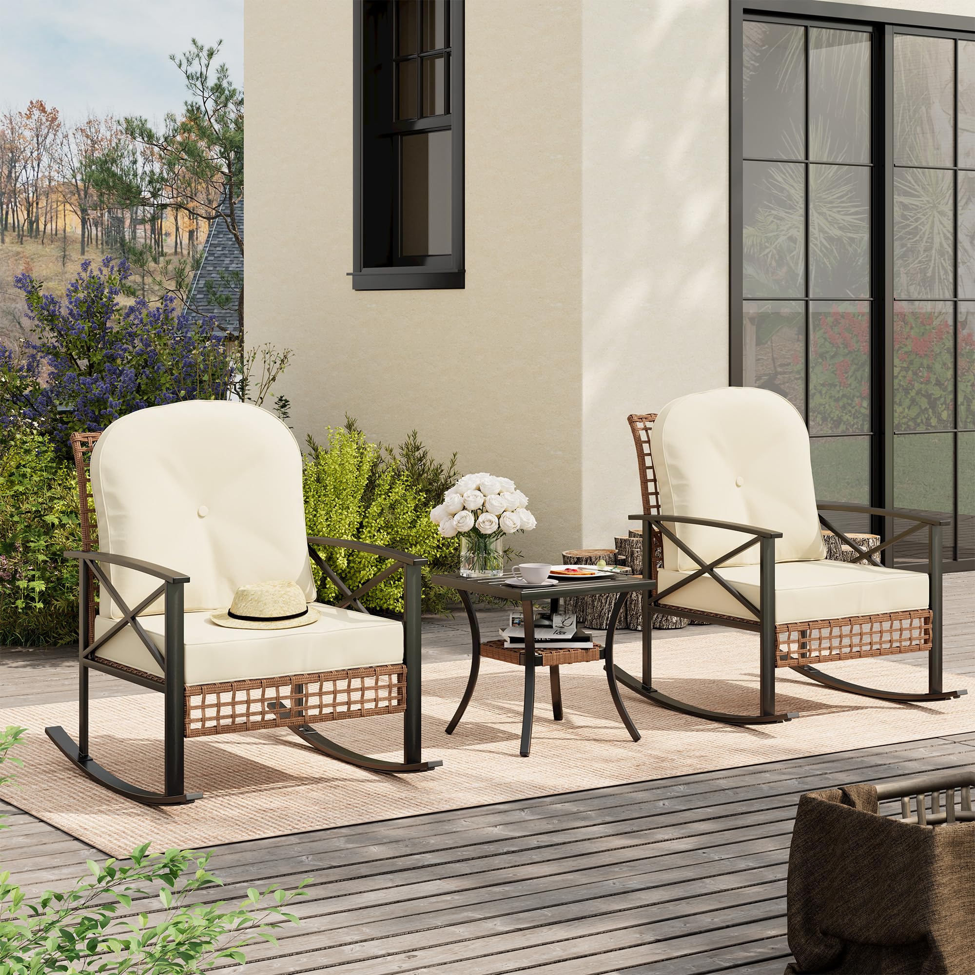 GARVEE 3-Piece Rattan Rocking Bistro Set - 2 Cushioned Rocker Chairs & 2-Tier Coffee Table - Outdoor Patio Furniture for Garden, Porch, Backyard - Perfect for Relaxing, Entertaining & Enjoying Morning Coffee