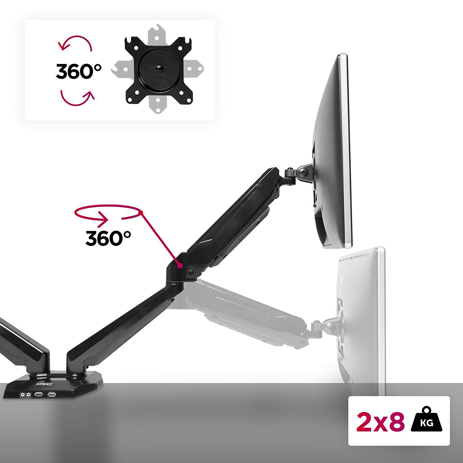 Dual Monitor Stand for 13-27 Inch Screens | Duronic DMUSB52 Adjustable Gas Spring Monitor Arm with VESA 75x100 | Ergonomic Dual Screen Mount for Home Office & Gaming Setup