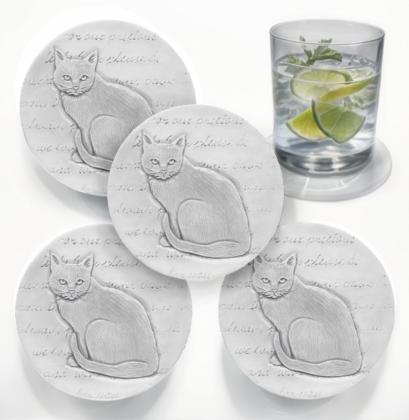 4-Pack Cat-Themed Absorbent Drink Coasters - Perfect for Coffee, Tea & Wine Protection on Tables (Cute Pet Gift Idea)