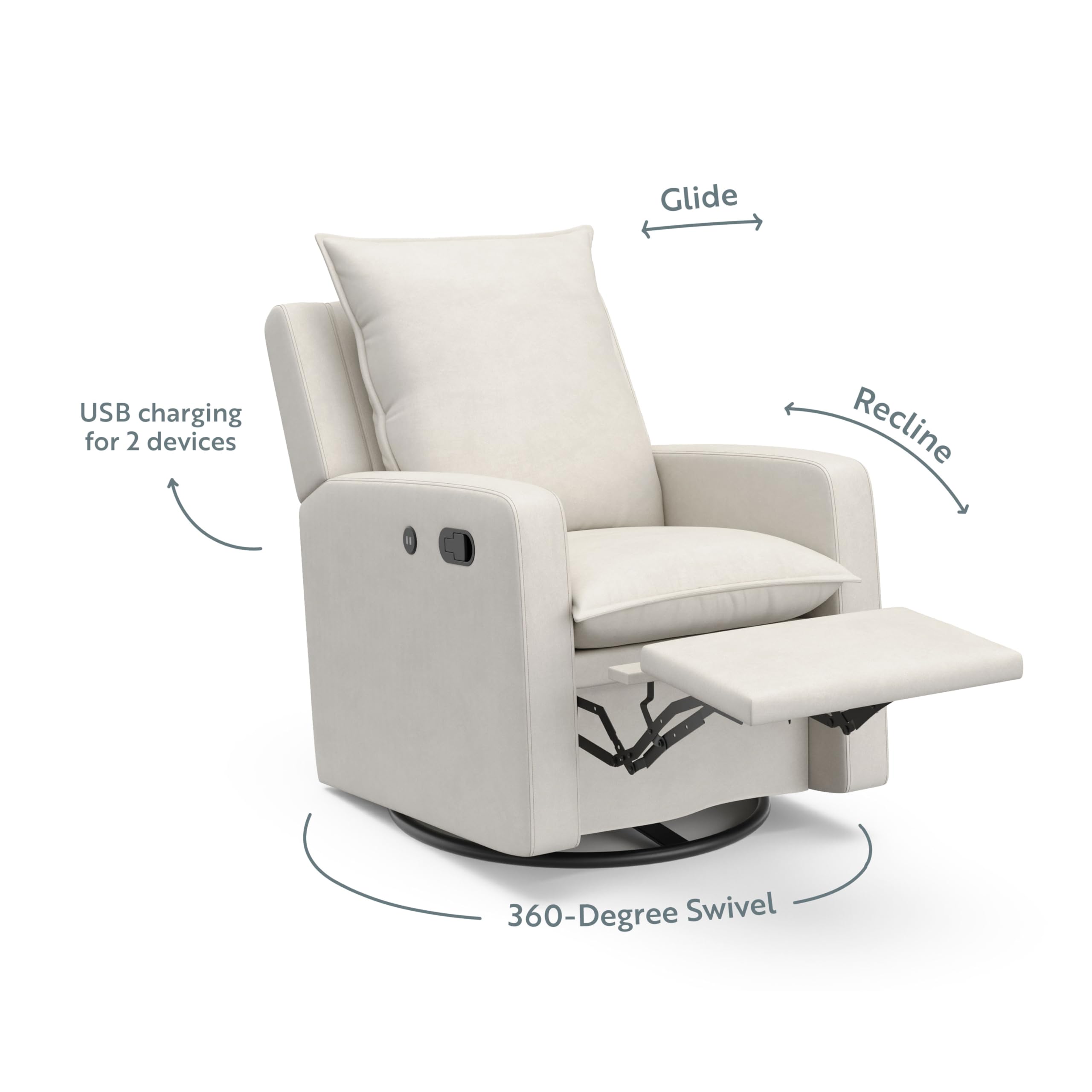 Storkcraft Timeless Reclining Glider Chair with USB Port - 360° Swivel Base, Extendable Footrest & Supportive Cushions, Ivory Fabric Upholstery for Nursery, Living Room & Relaxation