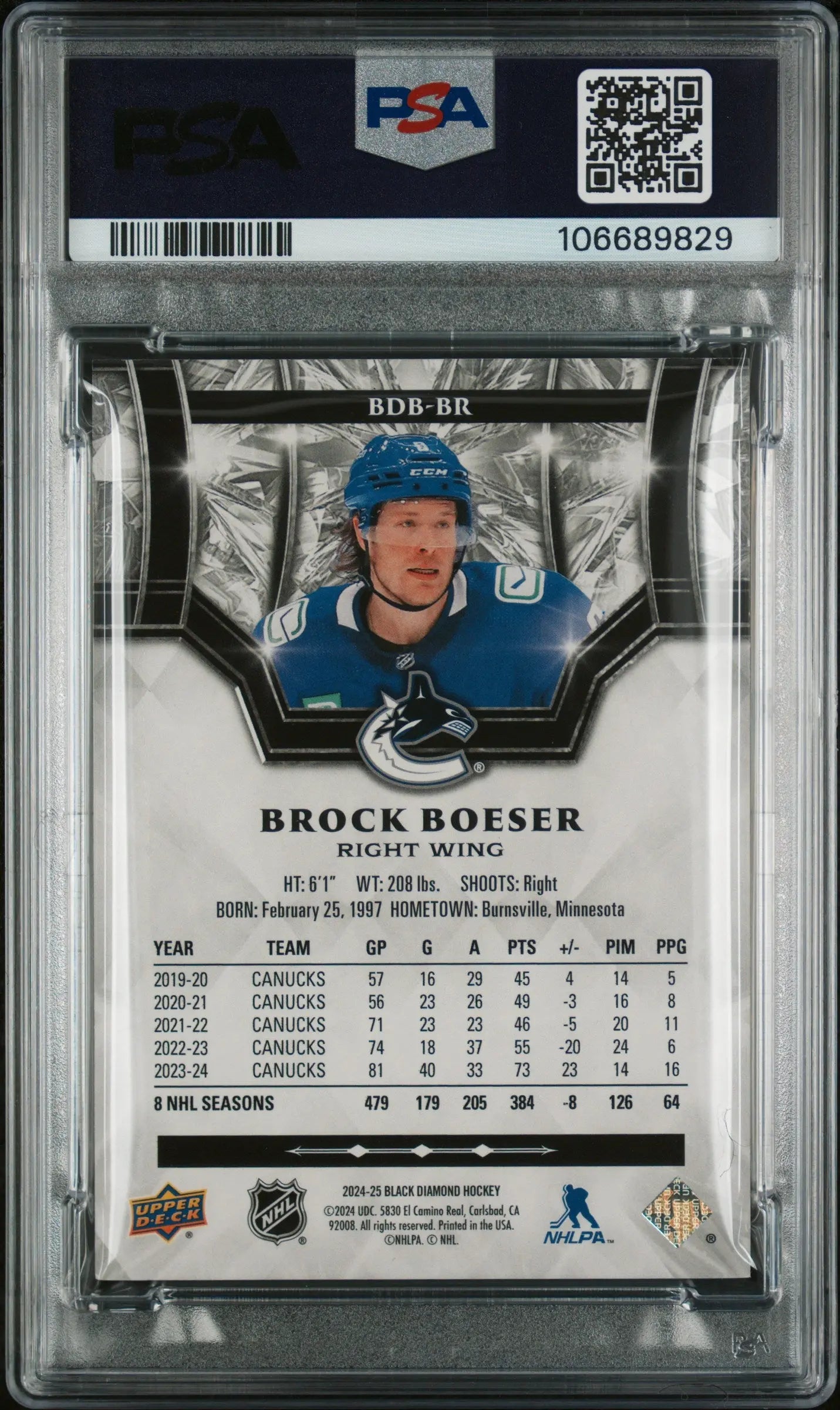2024 Upper Deck Black Diamond Brock Boeser Gold PSA 9 1/1 Hockey Trading Card - Rare Collectible for Sports Memorabilia Fans & NHL Enthusiasts - Perfect for Display, Investment, and Gifting