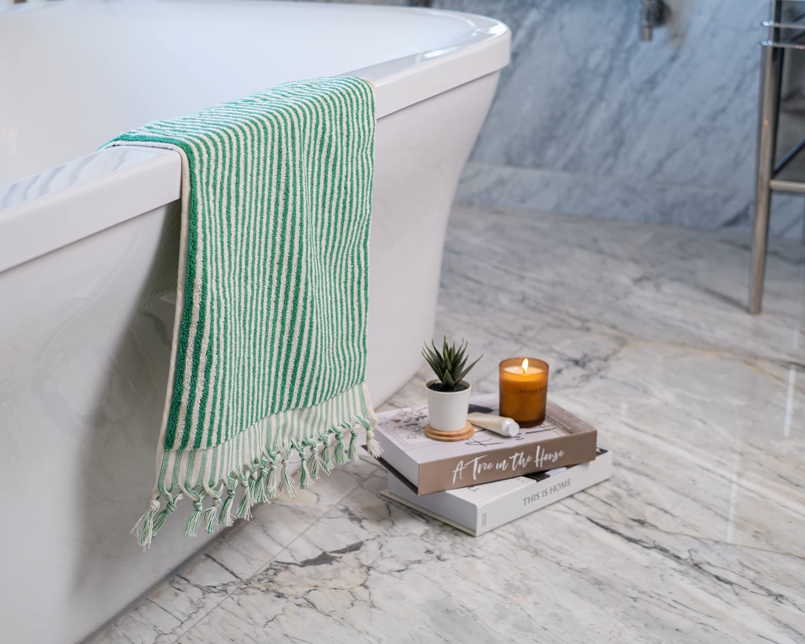 Premium Organic Turkish Cotton Striped Bath and Hand Towels Set of 2 | Ultra Soft, Plush & Highly Absorbent | Luxury Bathroom Towels for Spa, Guest Room & Beach Use (Benetton Green)