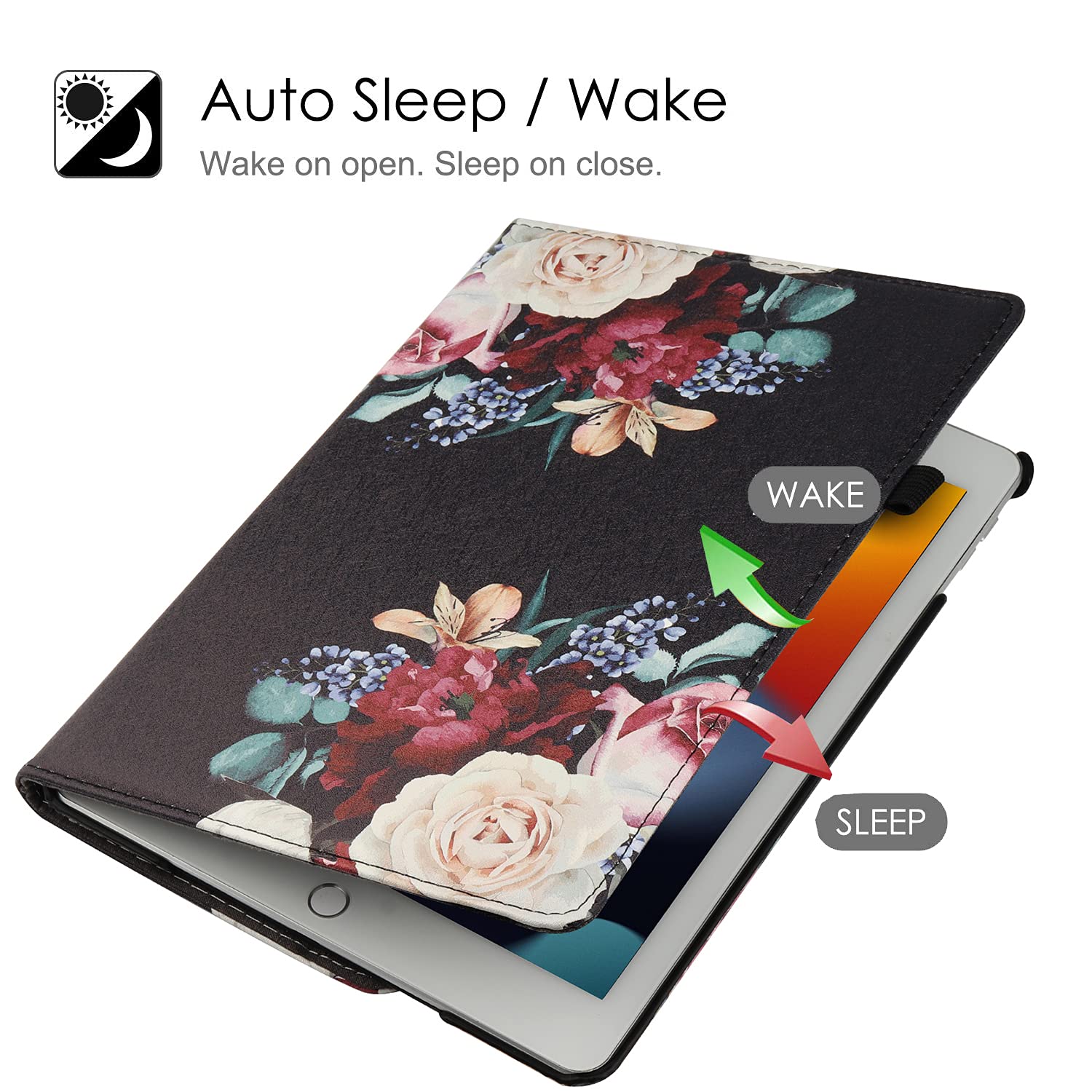 360° Rotating iPad Case for iPad 9.7 5th/6th Gen (2017/2018), iPad Air 2 & Air 1 - Multi-Angle Viewing Folio Stand with Auto Sleep/Wake Feature (Peony Flower Design) - Perfect for Work, Study & Entertainment