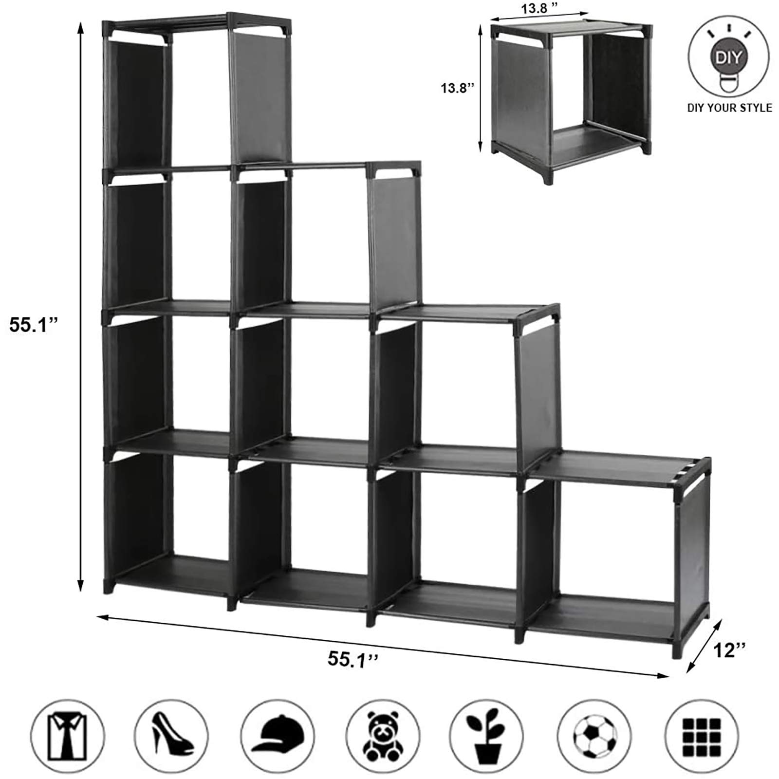 10-Cube Storage Organizer Shelf Unit - Modular Bookcase & Closet Organizer for Bedroom, Living Room, Kids Toys & Home Organization - DIY Staircase Design for Daily Necessities - Perfect for Small Spaces & Home Decor (Black)