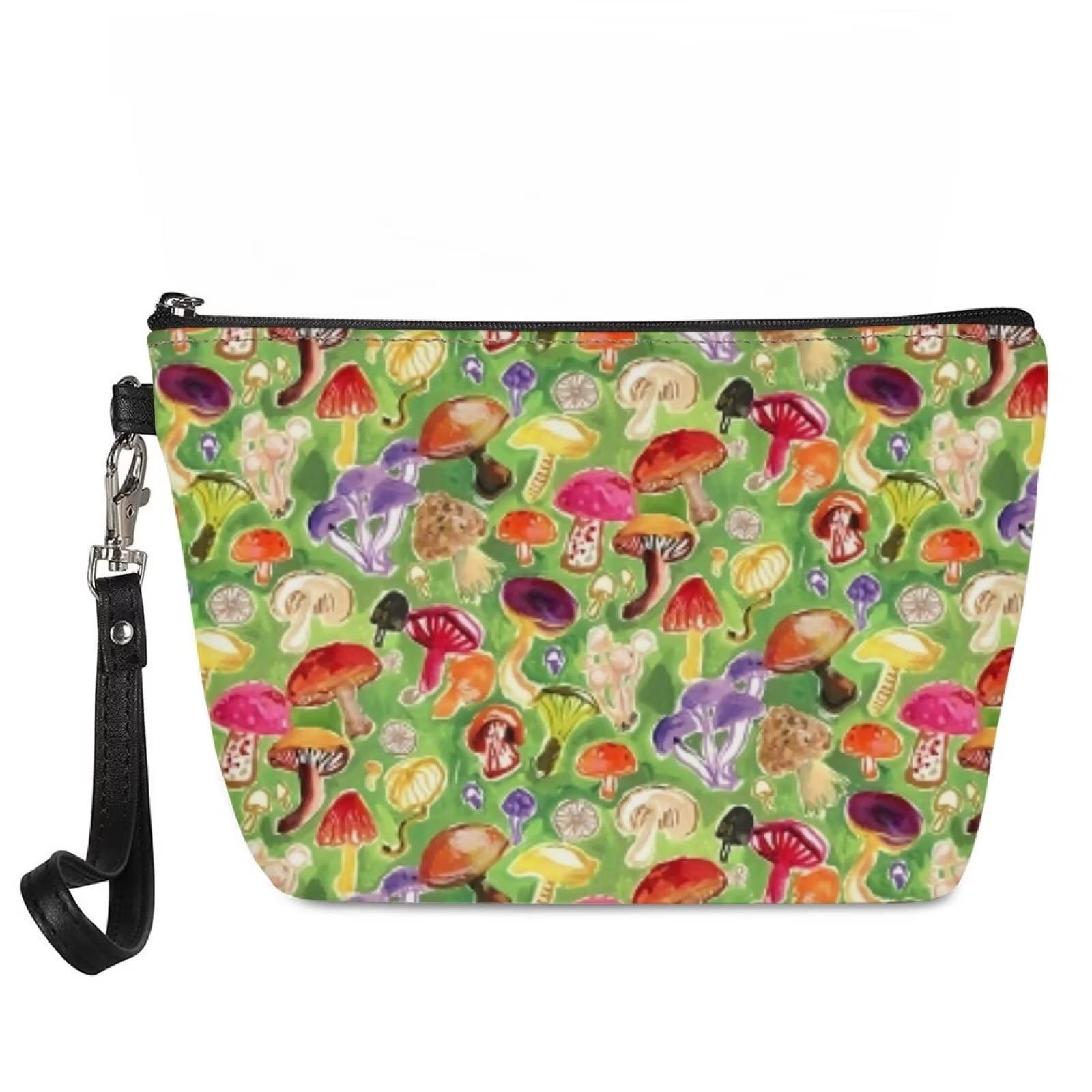 HUGS IDEA Abstract Mushroom Pattern Women's Cosmetic Makeup Bag - Lightweight Zippered Clutch Handbag & Tote Purse for Travel, Gym & Daily Essentials Storage