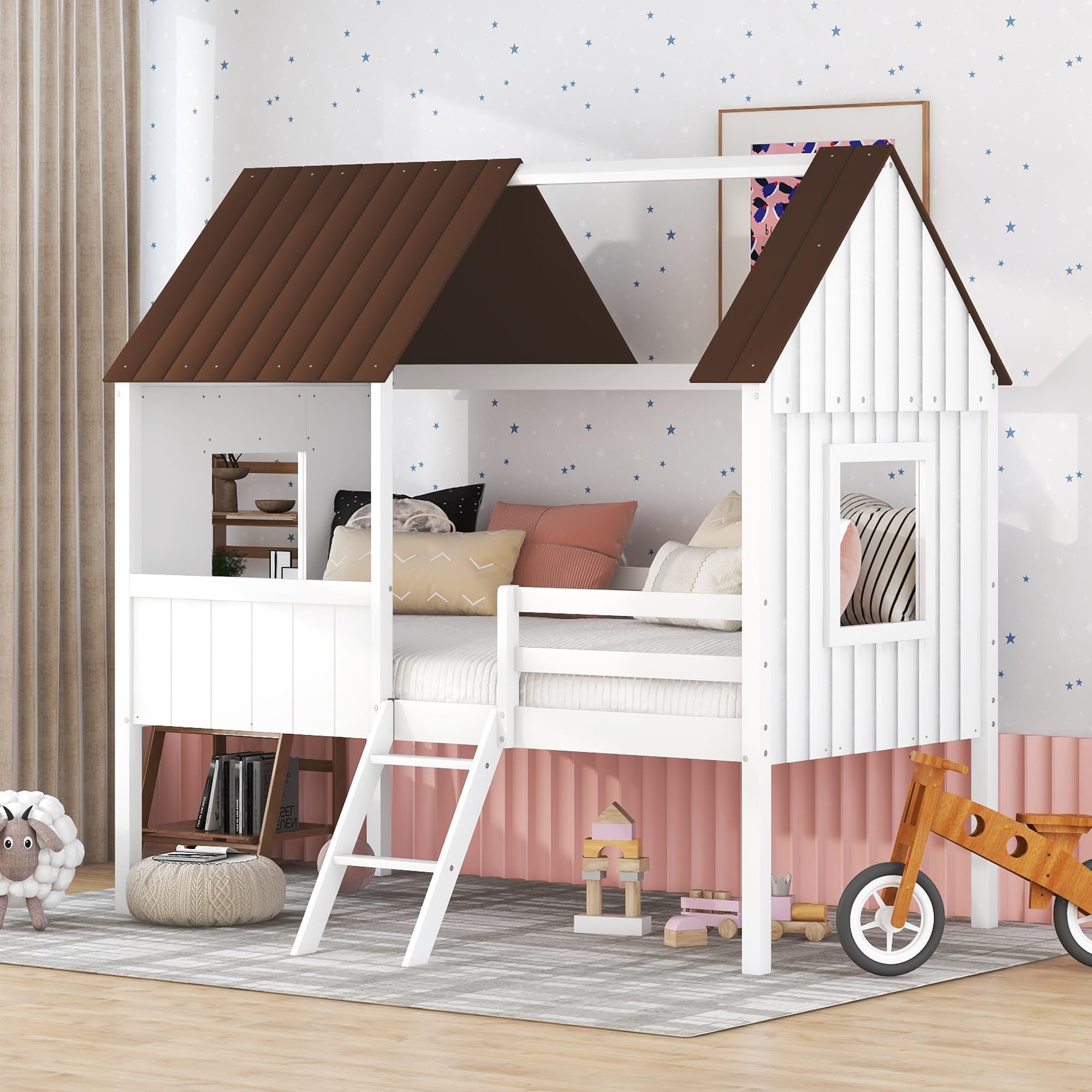 Wooden Low Loft Twin Size House Bed Frame for Kids & Teens - Toddler Bed with Side Windows & Roof - Perfect for Girls & Boys Bedrooms (White) - Ideal for Small Spaces, Playrooms & Cozy Sleep Areas
