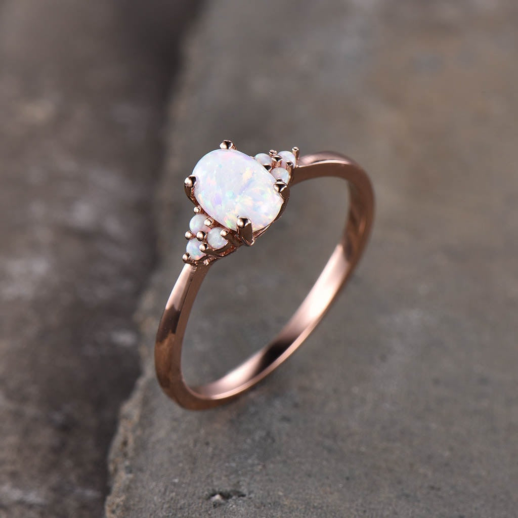 14K/18K Oval Opal Engagement Ring - Elegant Cluster Opal Oval Cut Ring for Women | Perfect for Weddings, Proposals & Anniversary Gifts